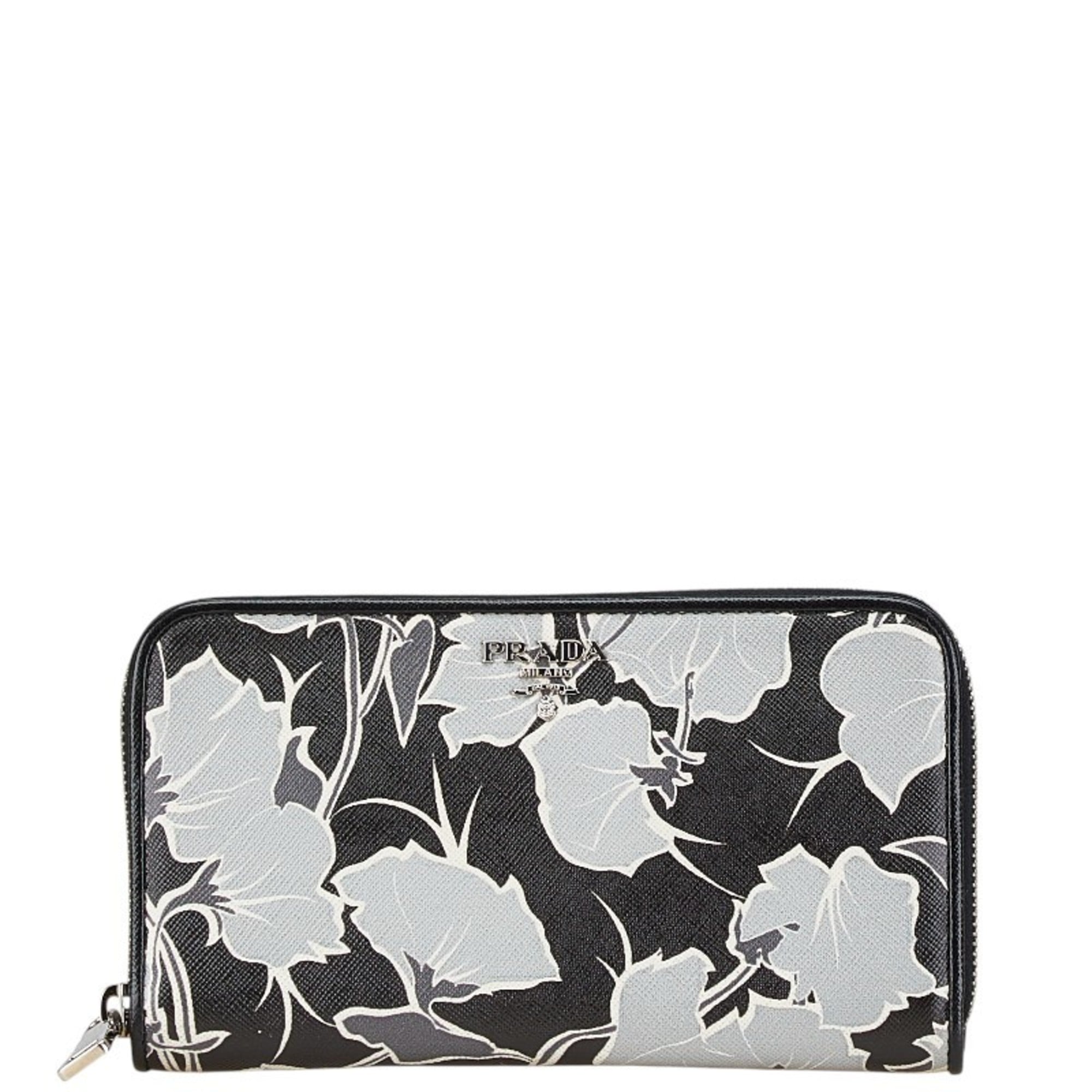 Prada Saffiano Black Gray Leather Long Wallet (Bi-Fold)