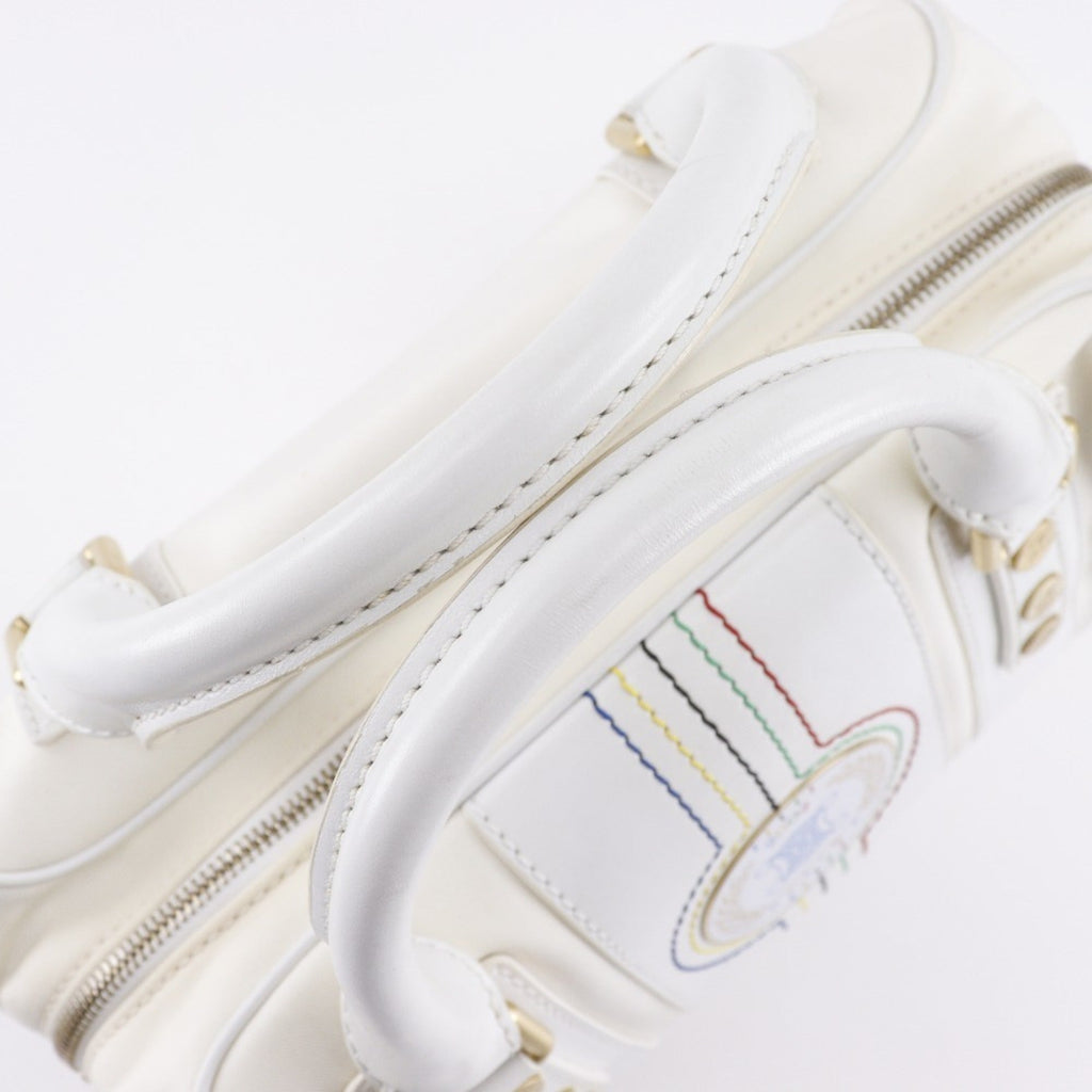 Celine White Nylon Canvas Leather Boston Bag Handbag