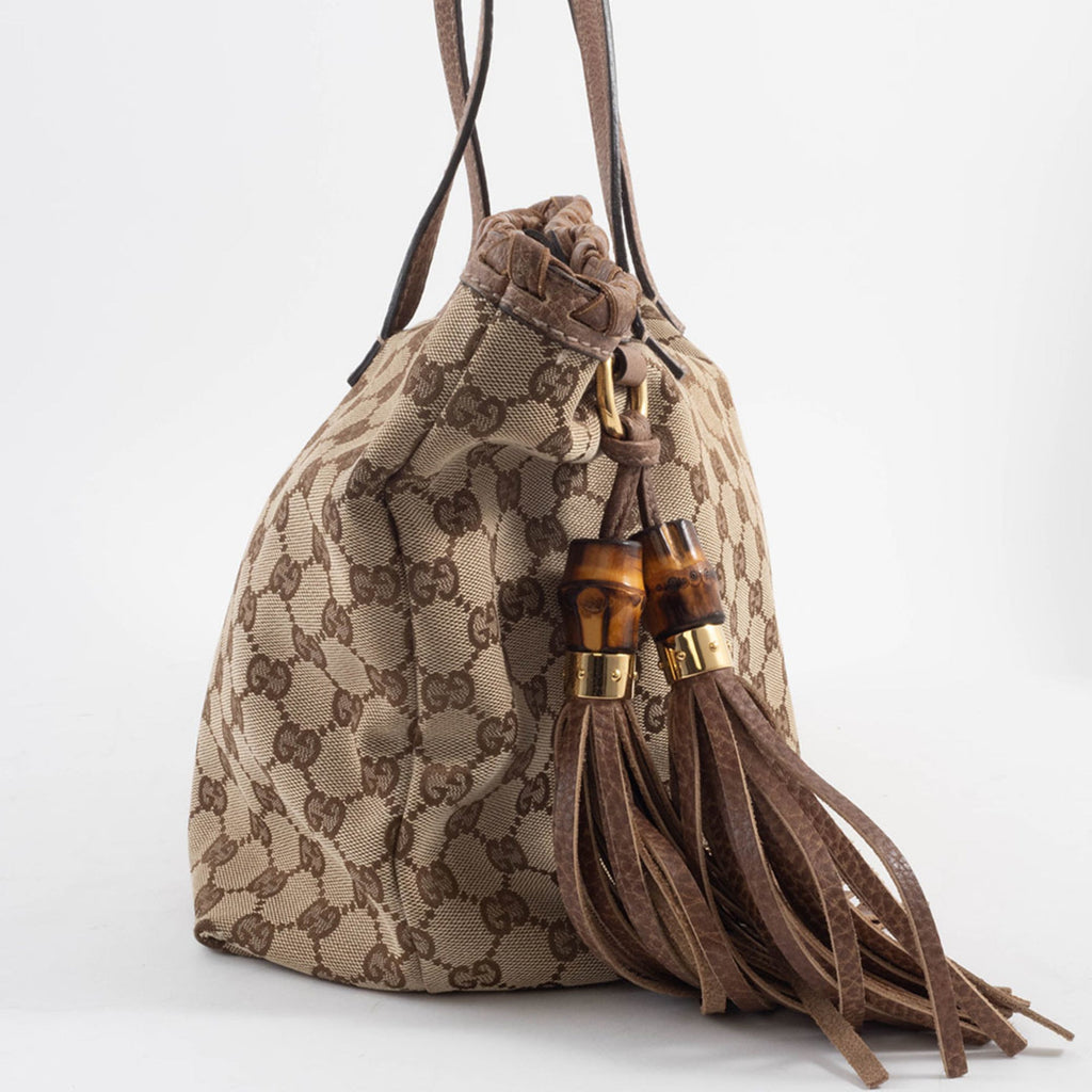 Gucci Gg Canvas Beige Brown Gg Canvas Leather Tote Bag (Pre-Owned)