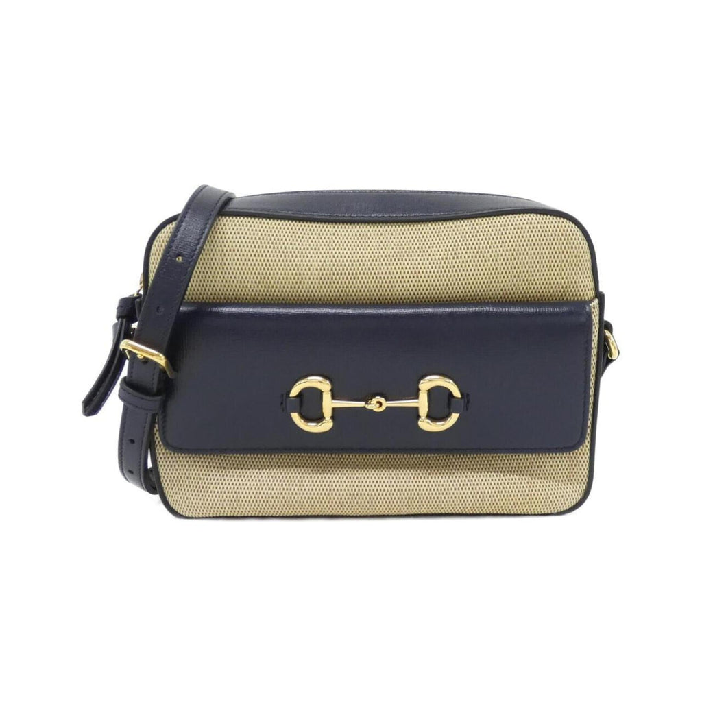 Gucci Beige Navy Canvas Leather Shoulder Bag (Pre-Owned)