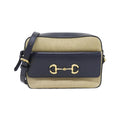 Gucci Beige Navy Canvas Leather Shoulder Bag (Pre-Owned)