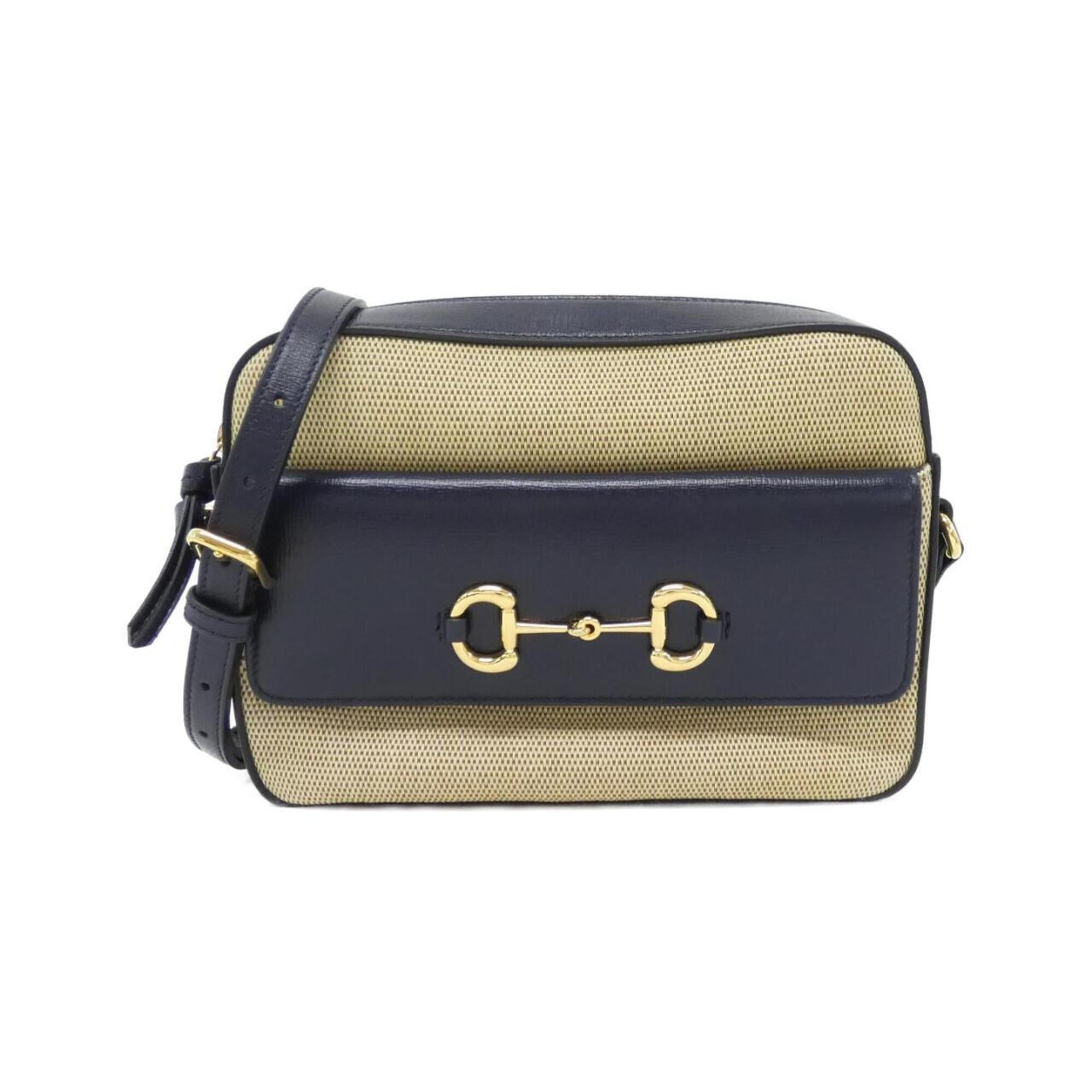 Gucci Beige Navy Canvas Leather Shoulder Bag (Pre-Owned)