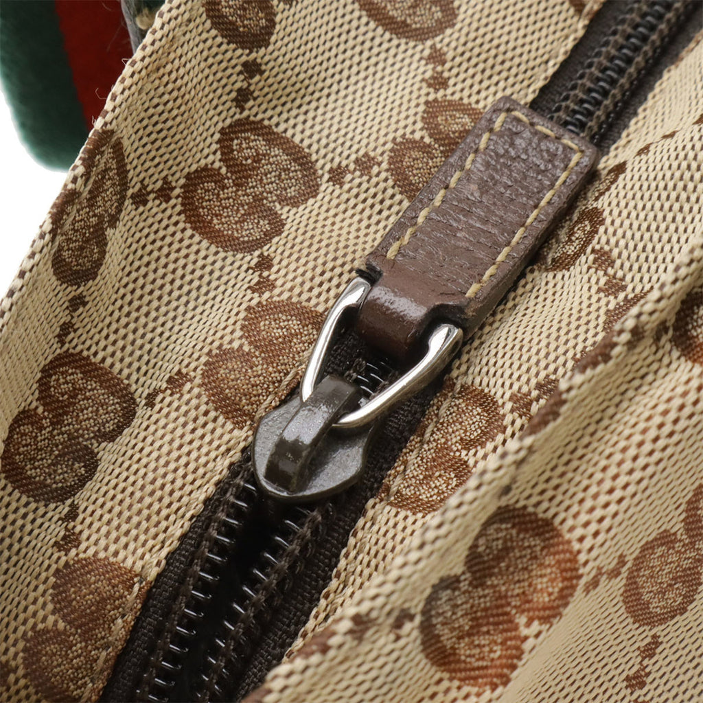 Gucci Sherry Line Beige Dark Brown Green Red Color Nylon Canvas Leather Shoulder Bag Tote Bag (Pre-Owned)