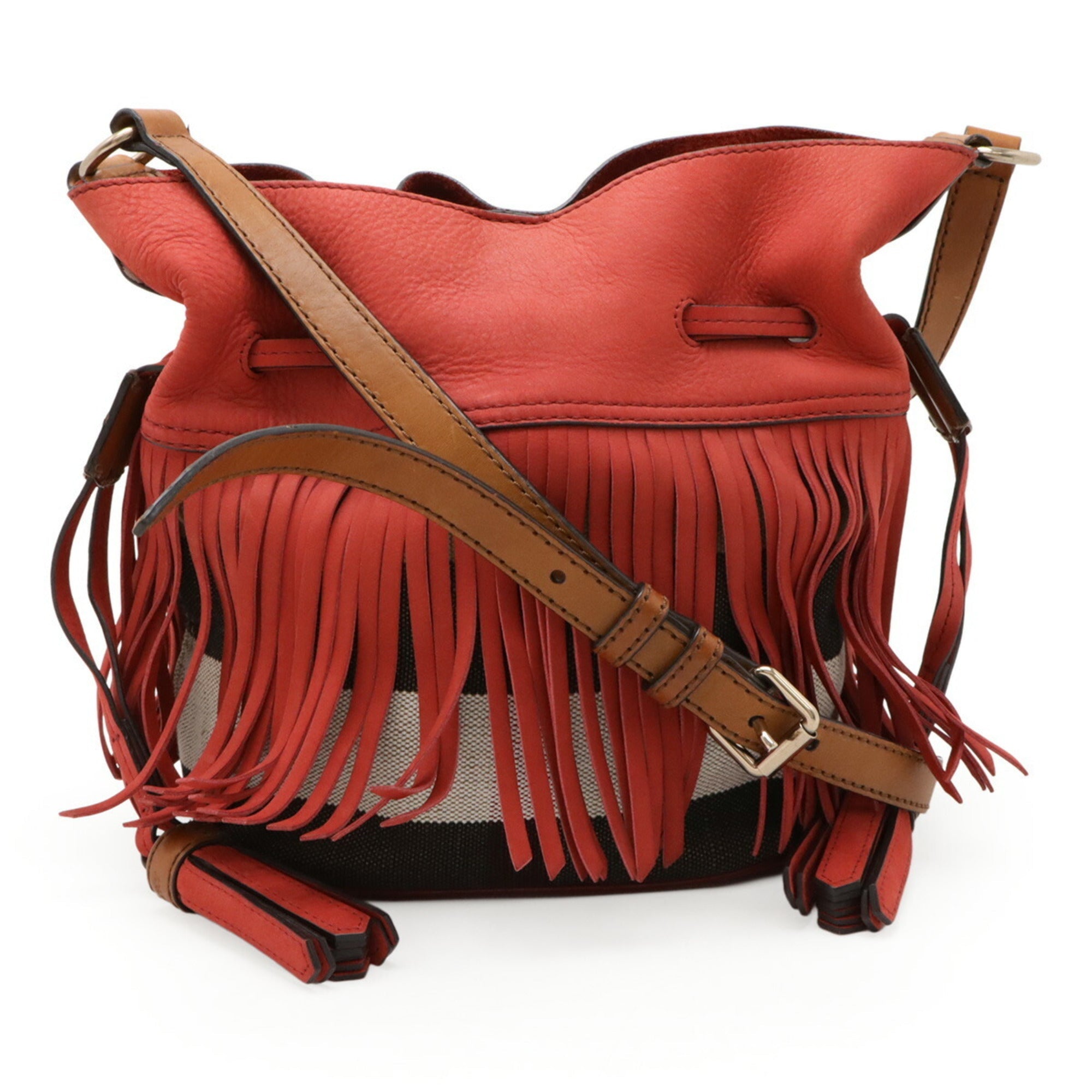 Burberry Brown Red Color Suede Canvas Leather Shoulder Bag