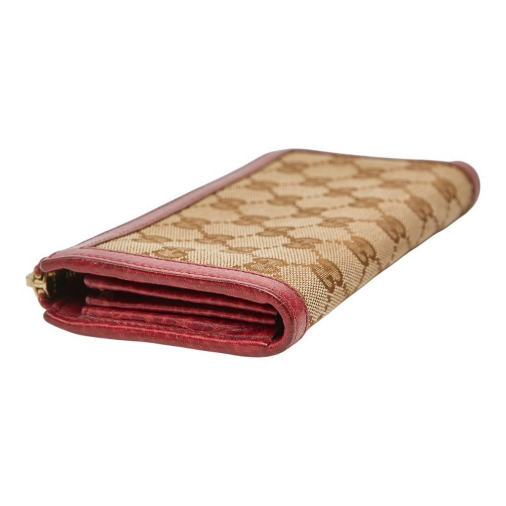 Gucci Brown Red Color Canvas Leather Long Wallet (Bi-Fold) (Pre-Owned)