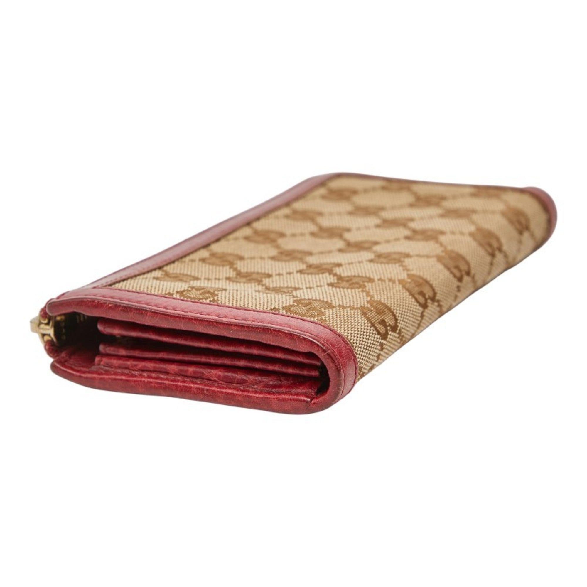 Gucci Brown Red Color Canvas Leather Long Wallet (Bi-Fold) (Pre-Owned)