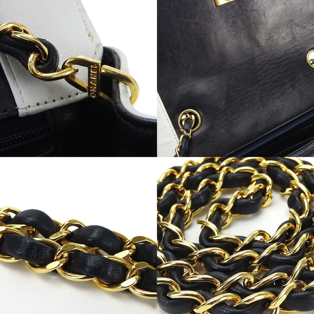 Chanel Navy White Leather Shoulder Bag