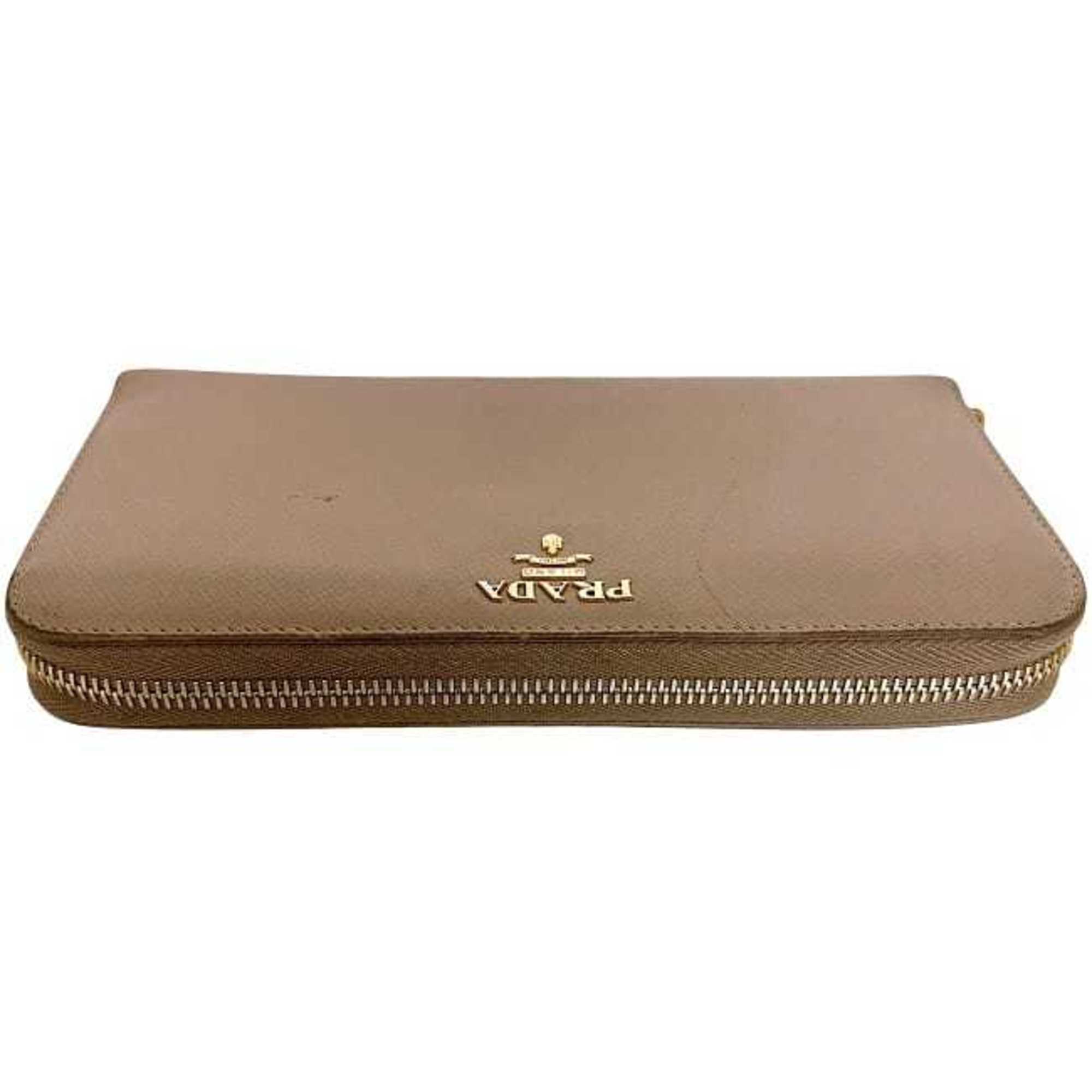 Prada Pink Beige Saffiano Metal Long Wallet (Bi-Fold)