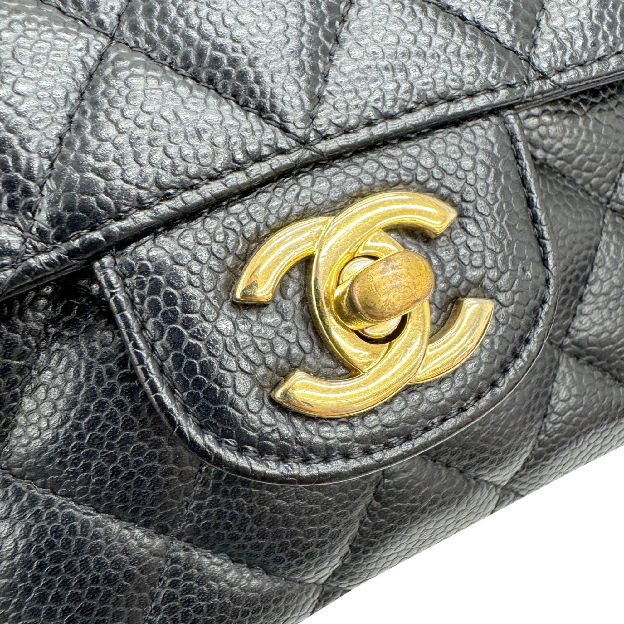 Chanel Gold Black Grained Calfskin Leather Chain/Shoulder Wallet