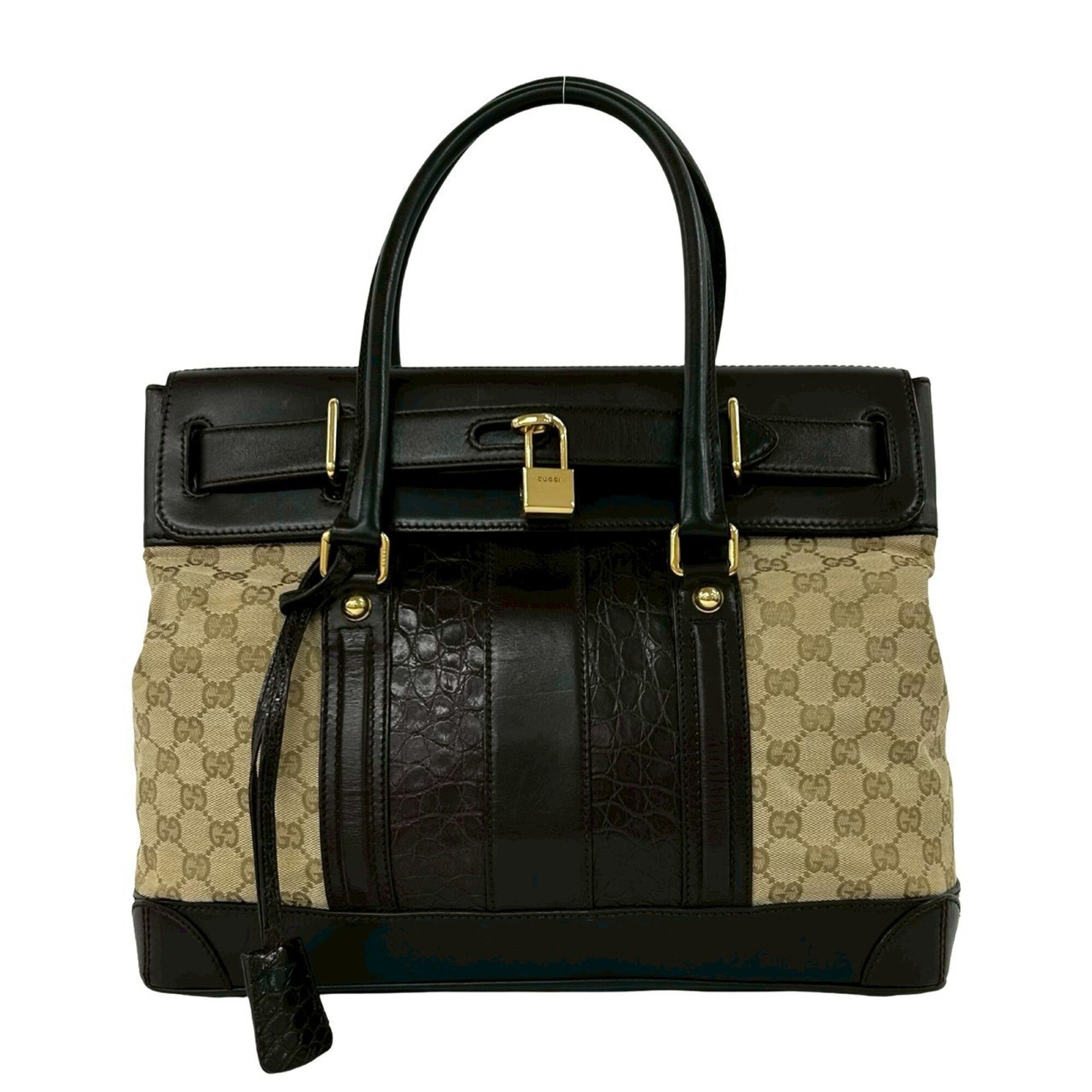 Gucci Beige Brown Canvas Leather Boston Bag Handbag Tote Bag (Pre-Owned)