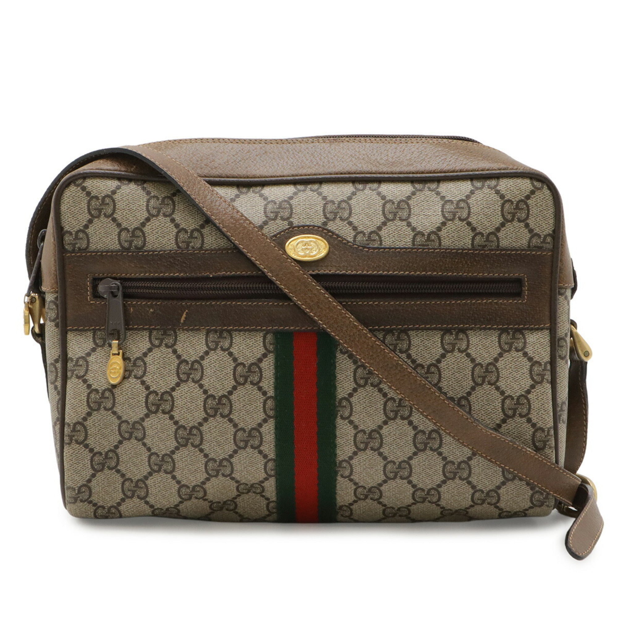 Gucci Beige Brown Green Red Color Coated Canvas Leather Pochette Shoulder Bag (Pre-Owned)