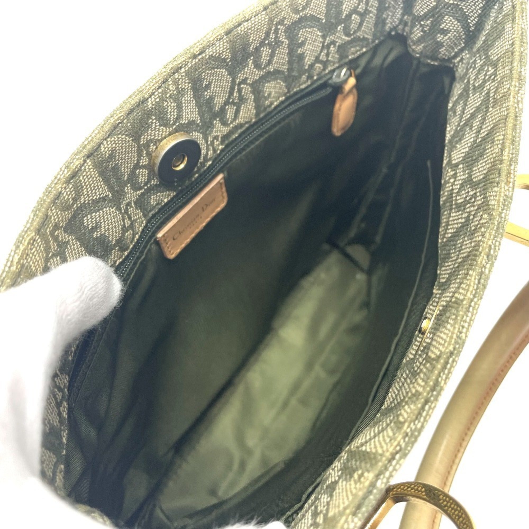 Christian Dior Green Canvas Leather Handbag Tote Bag (Pre-Owned)