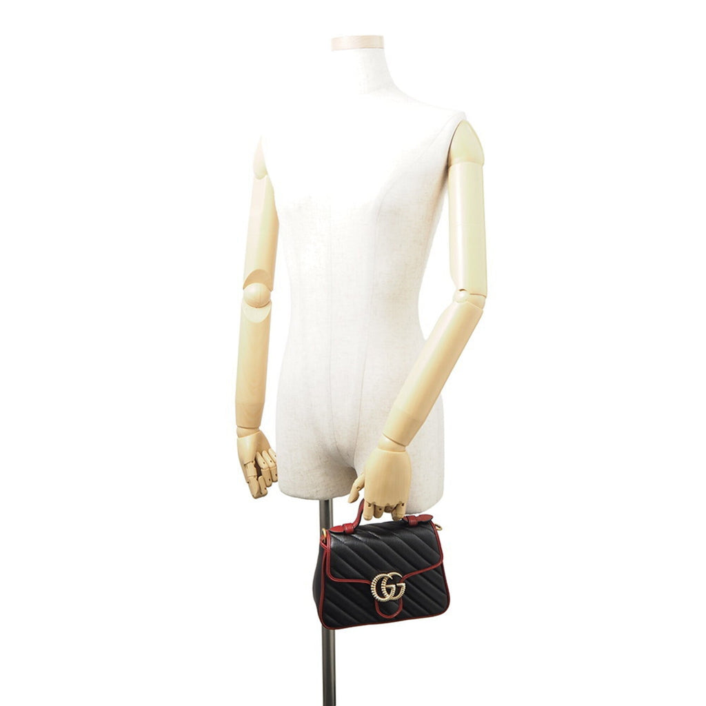 Gucci Gg Marmont Black Red Color Leather Handbag Shoulder Bag (Pre-Owned)