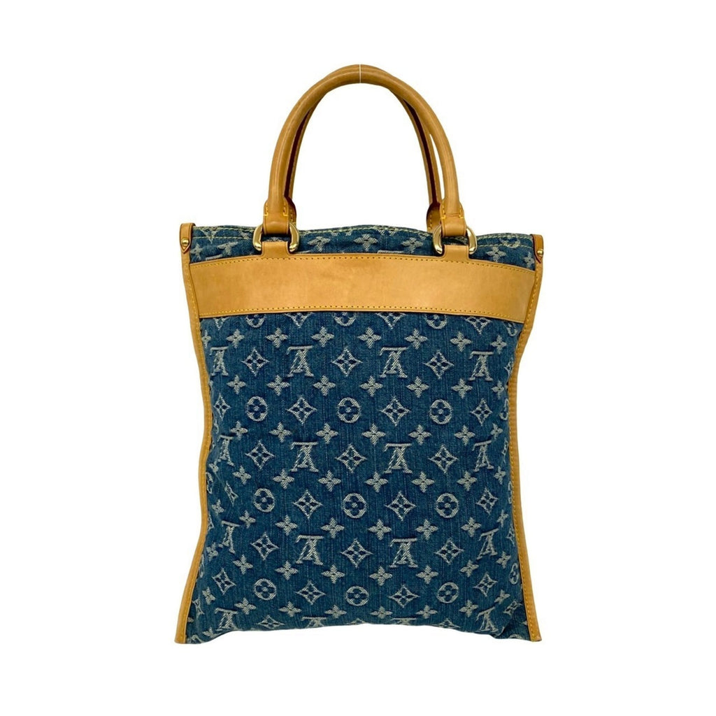 Louis Vuitton Beige Blue Denim Leather Handbag Tote Bag