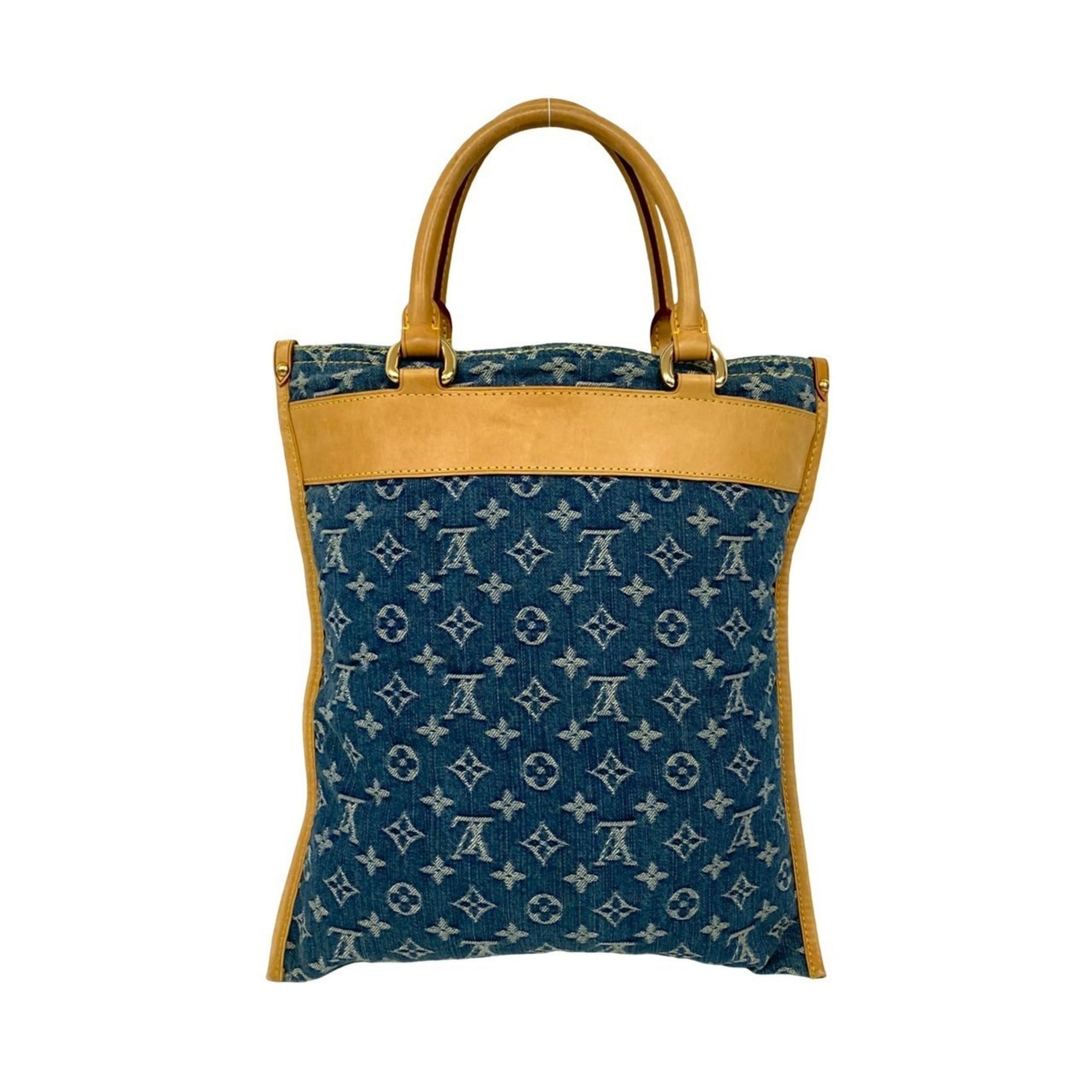 Louis Vuitton Beige Blue Denim Leather Handbag Tote Bag
