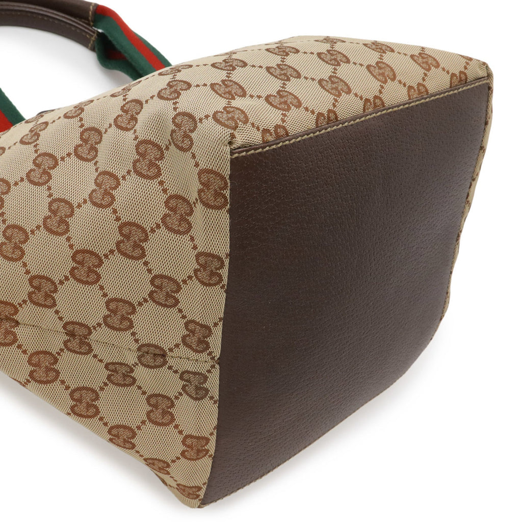 Gucci Sherry Line Beige Dark Brown Green Red Color Nylon Canvas Leather Shoulder Bag Tote Bag (Pre-Owned)