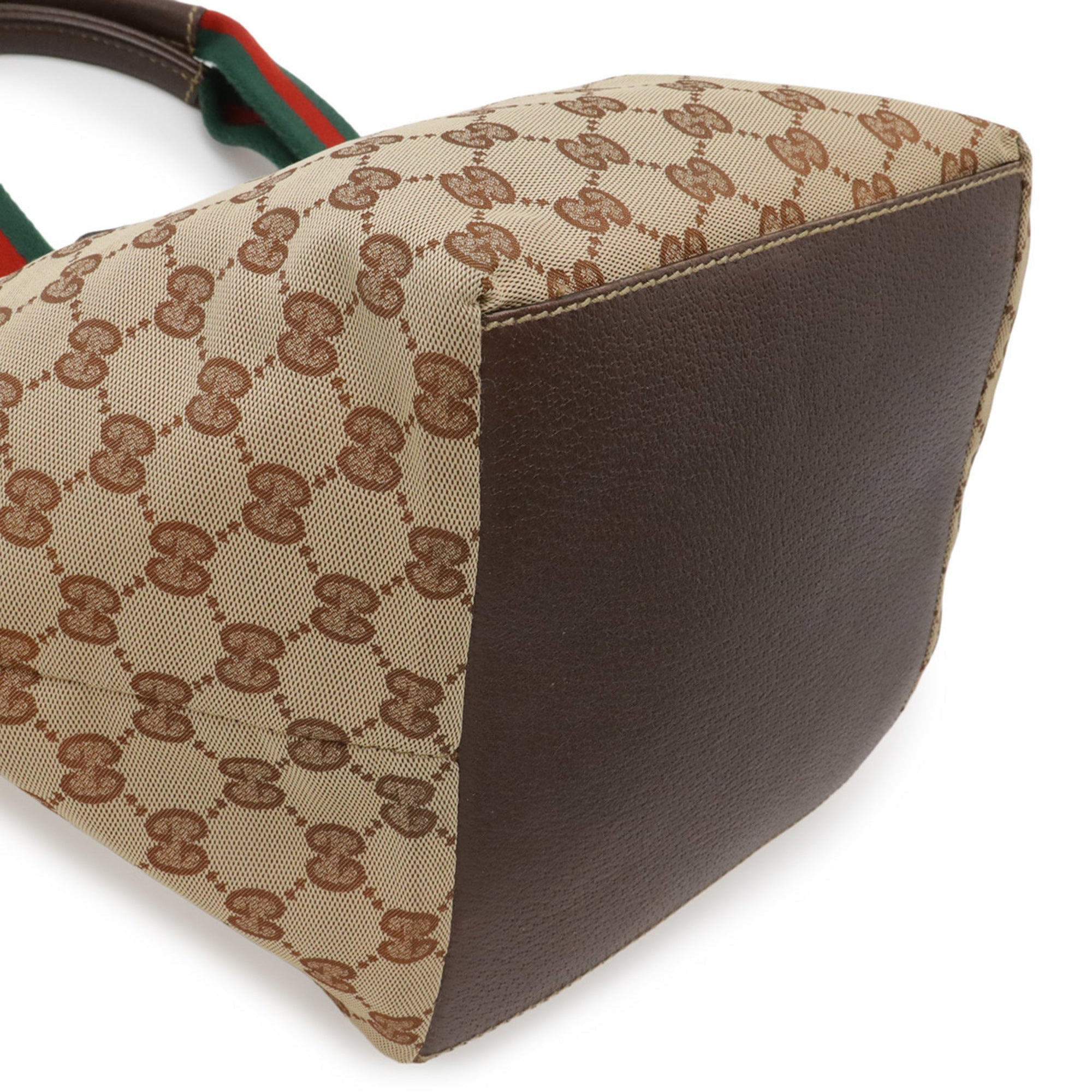 Gucci Sherry Line Beige Dark Brown Green Red Color Nylon Canvas Leather Shoulder Bag Tote Bag (Pre-Owned)