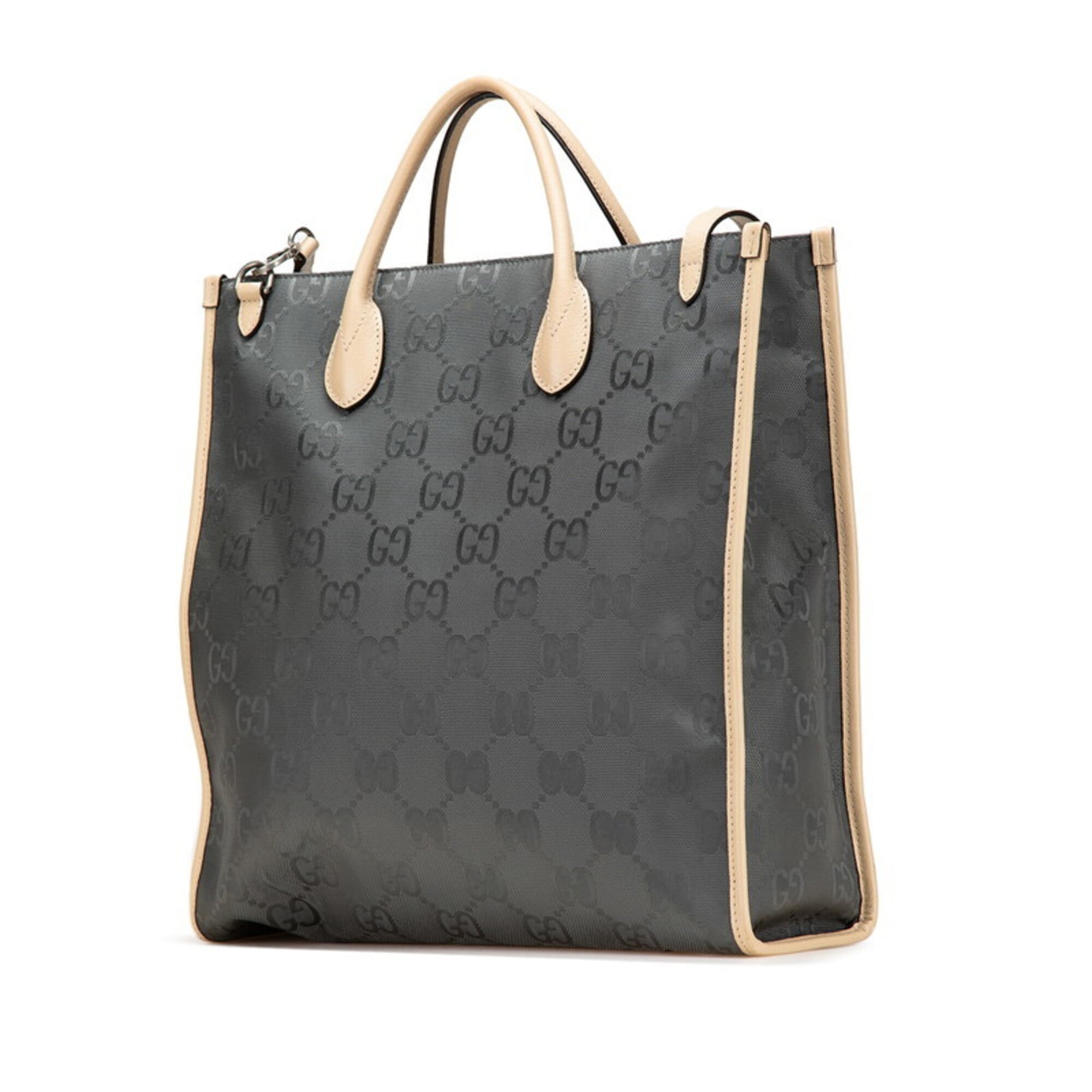 Gucci Beige Gray Nylon Leather Handbag Shoulder Bag (Pre-Owned)
