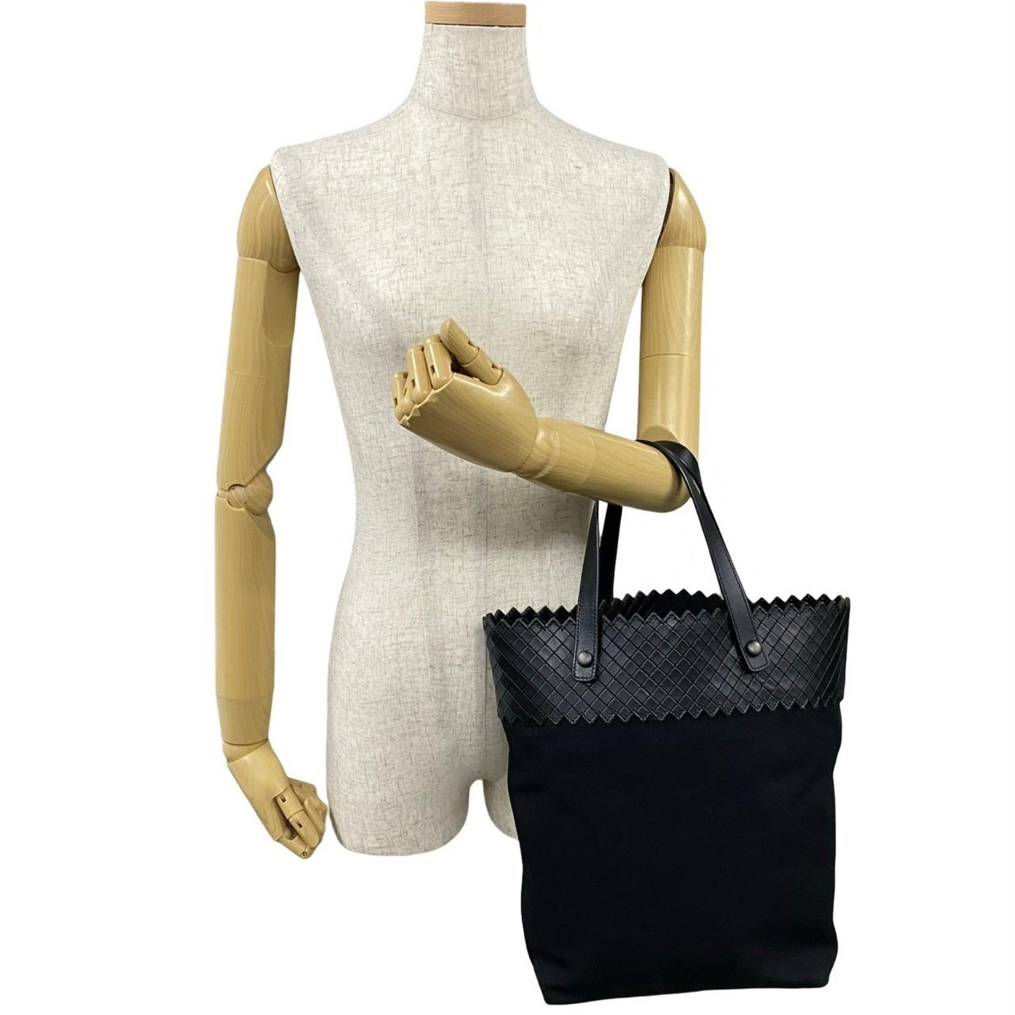 Bottega Veneta Black Leather Canvas Handbag Tote Bag