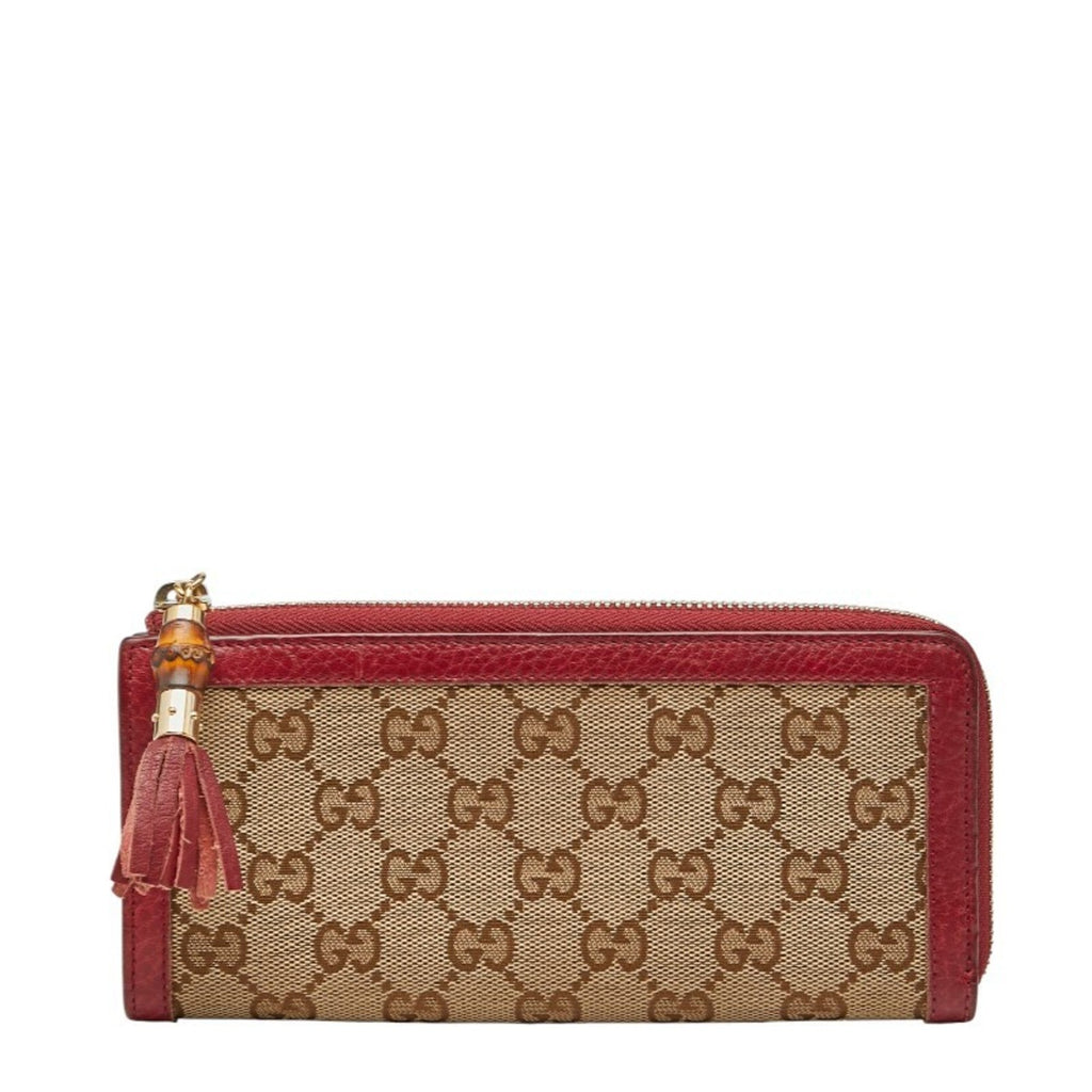 Gucci Brown Red Color Canvas Leather Long Wallet (Bi-Fold) (Pre-Owned)