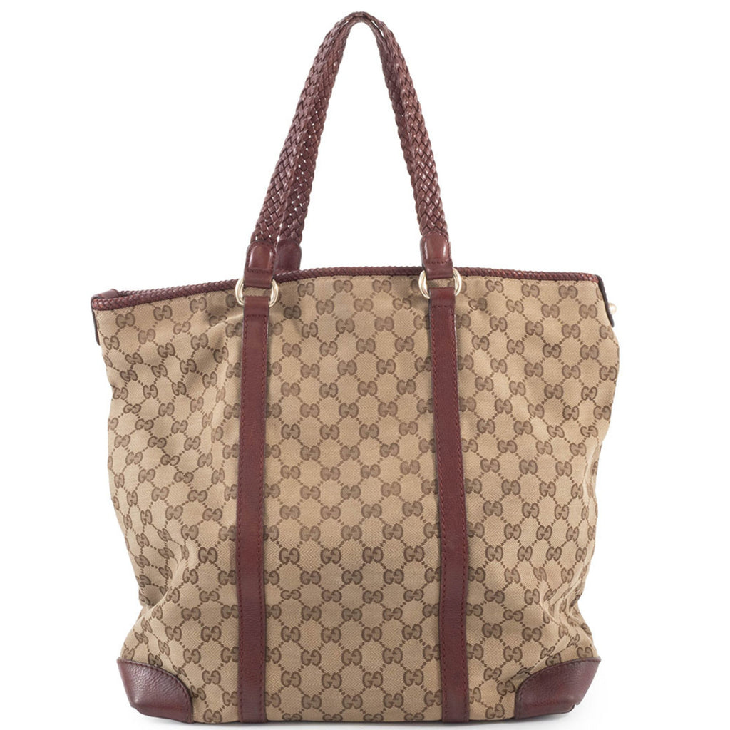 Gucci Gg Canvas Beige Brown Gg Canvas Leather Tote Bag (Pre-Owned)