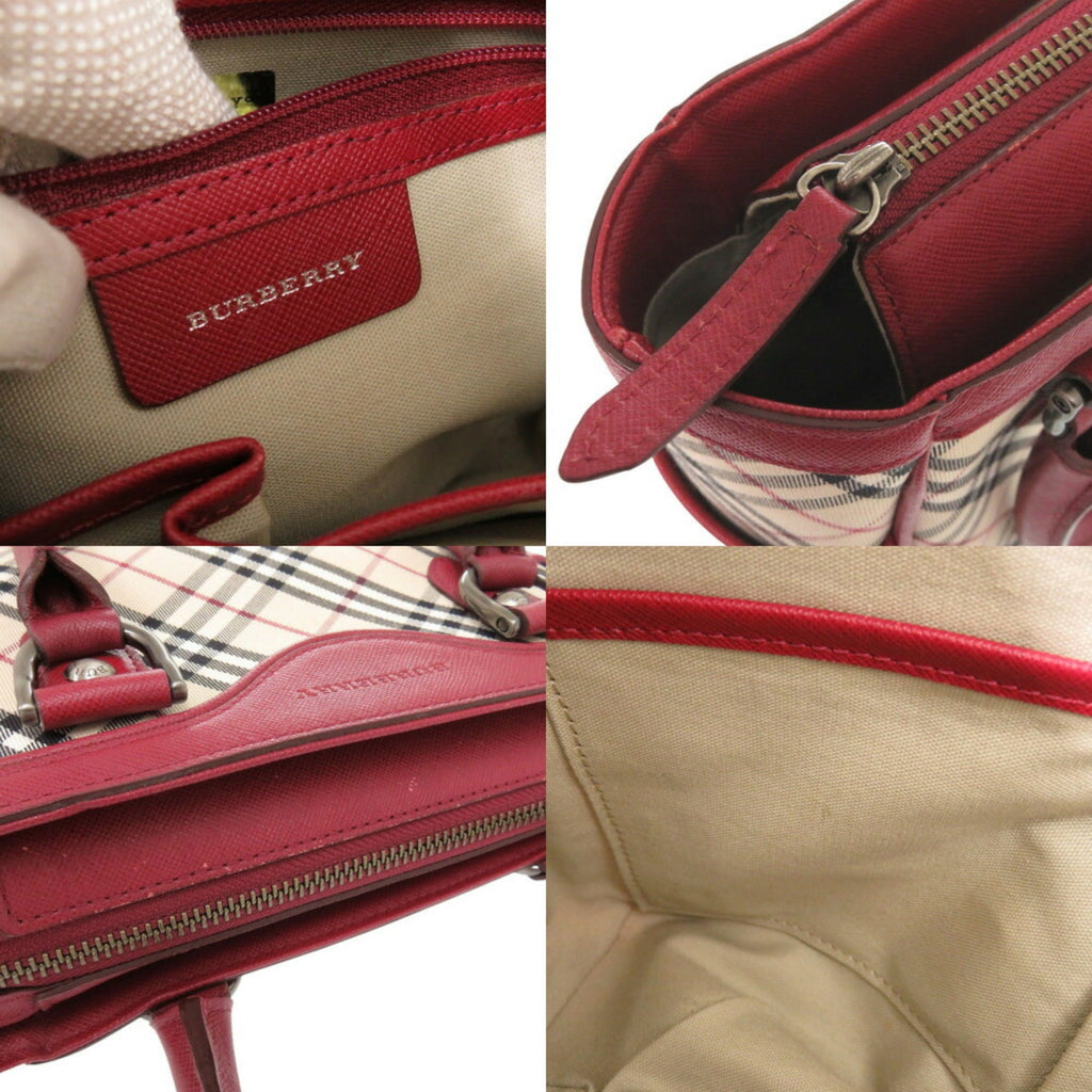 Burberry Beige Red Color Leather Canvas Handbag
