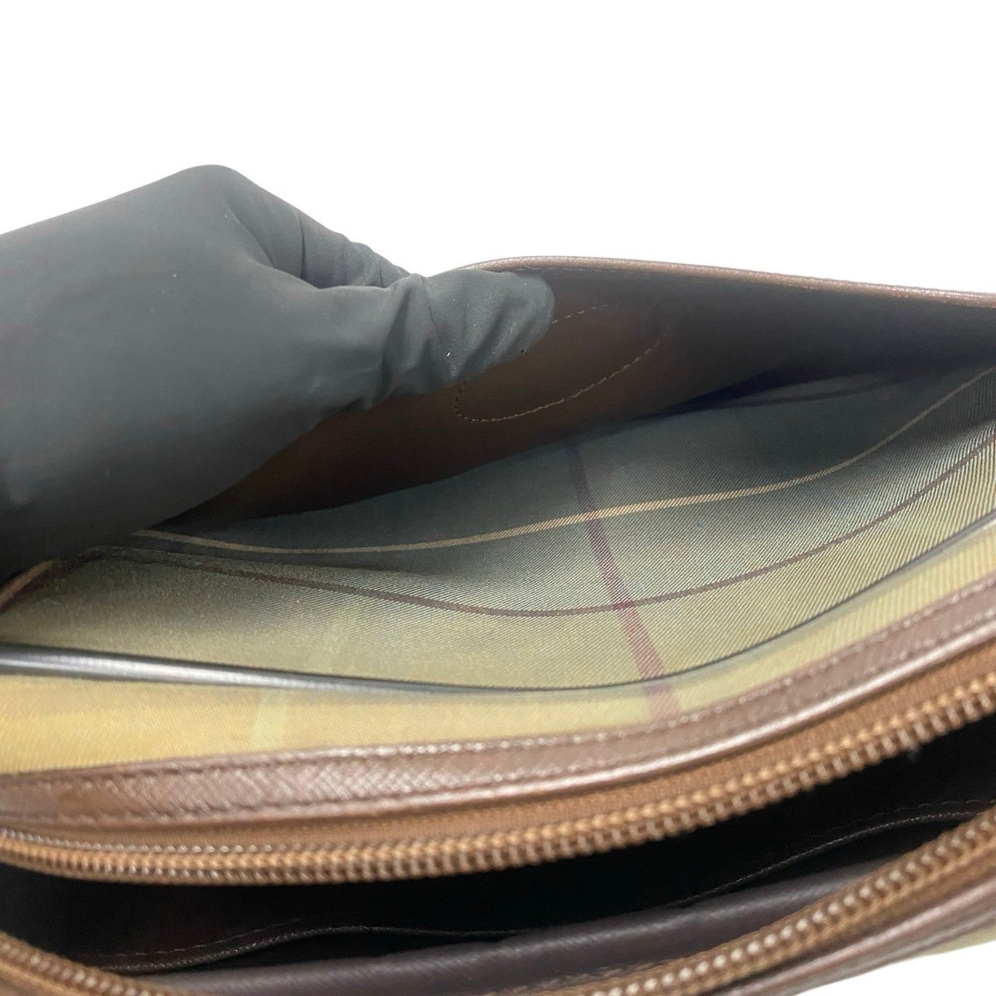 Burberry Brown Khaki Leather Canvas Pochette Shoulder Bag