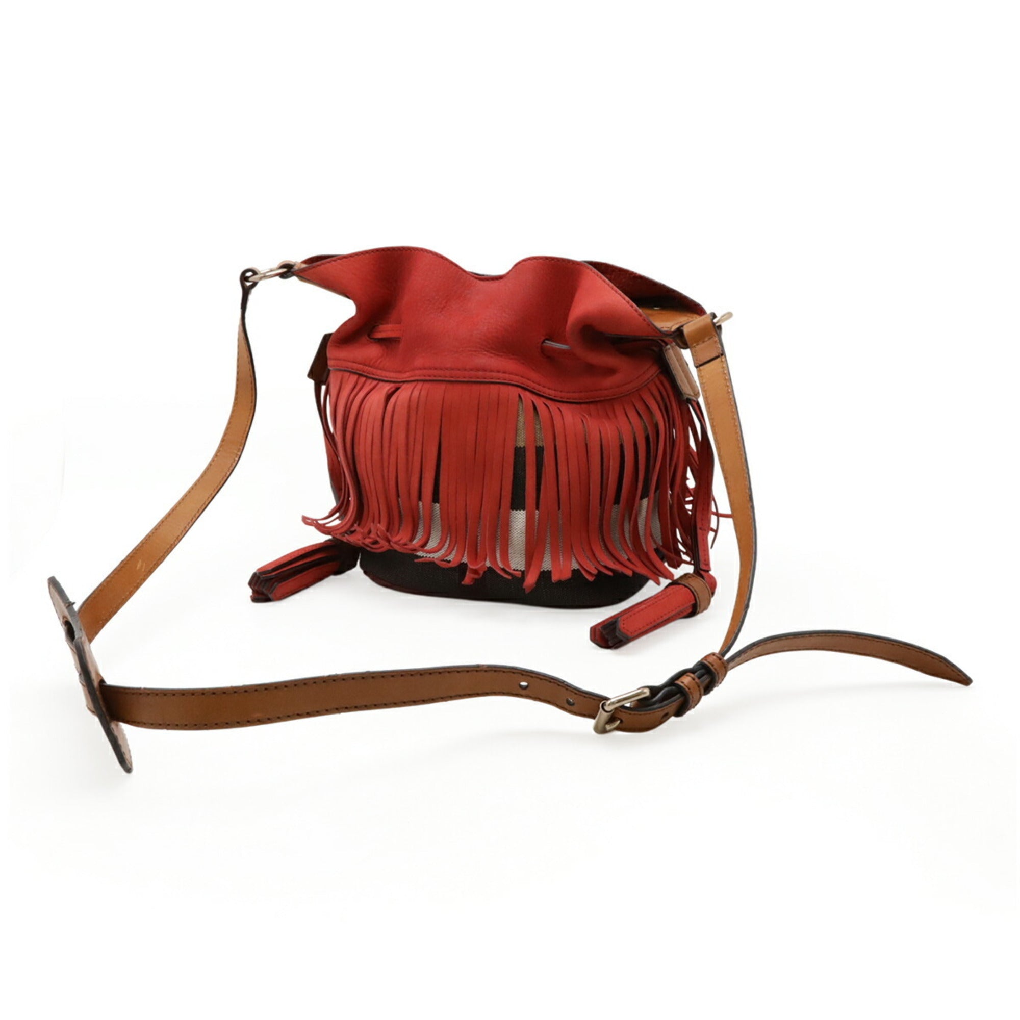 Burberry Brown Red Color Suede Canvas Leather Shoulder Bag