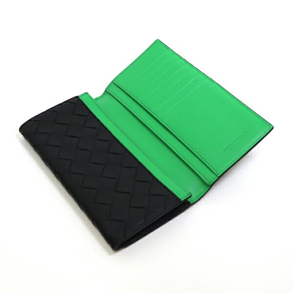 Bottega Veneta Black Green Leather Long Wallet (Bi-Fold)
