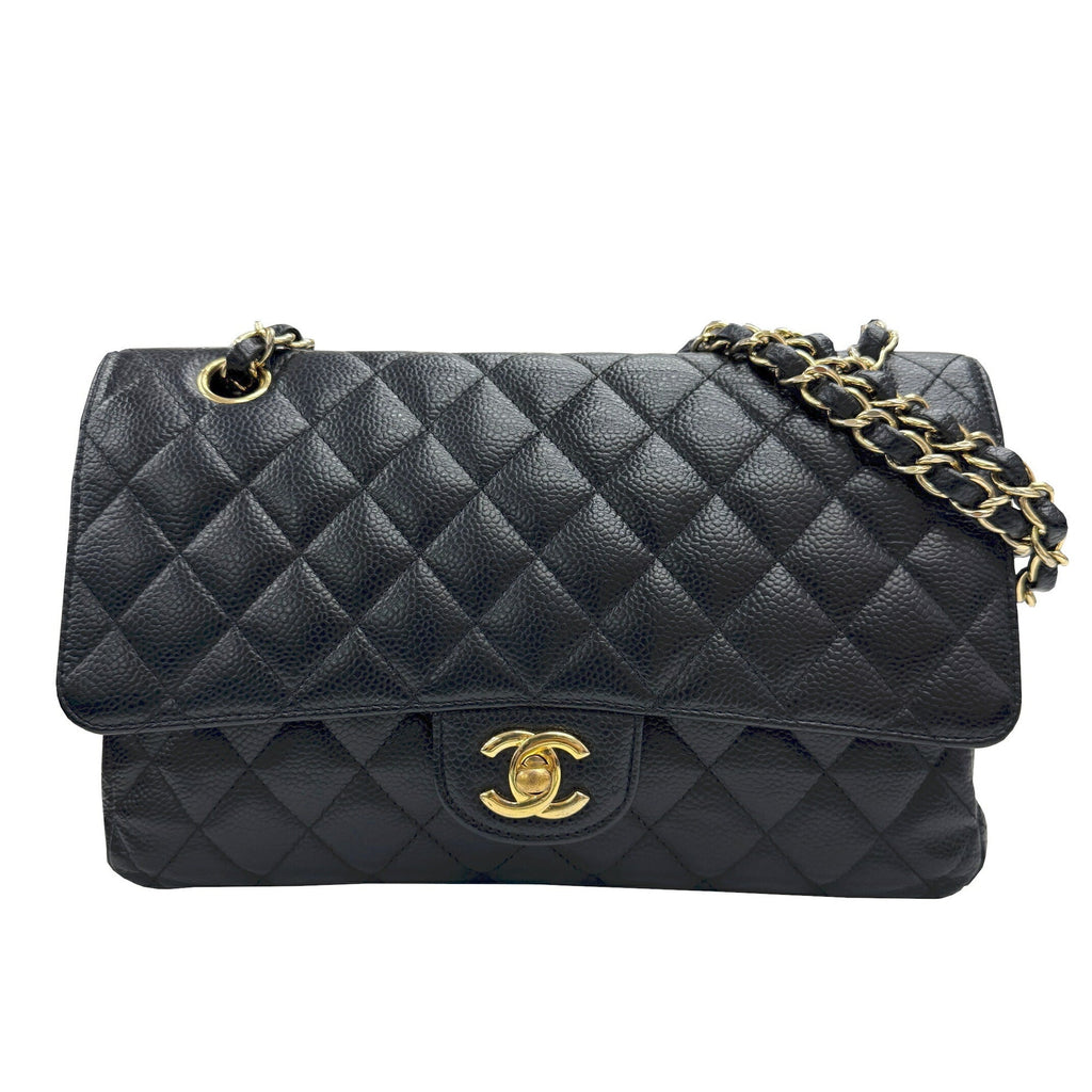 Chanel Gold Black Grained Calfskin Leather Chain/Shoulder Wallet