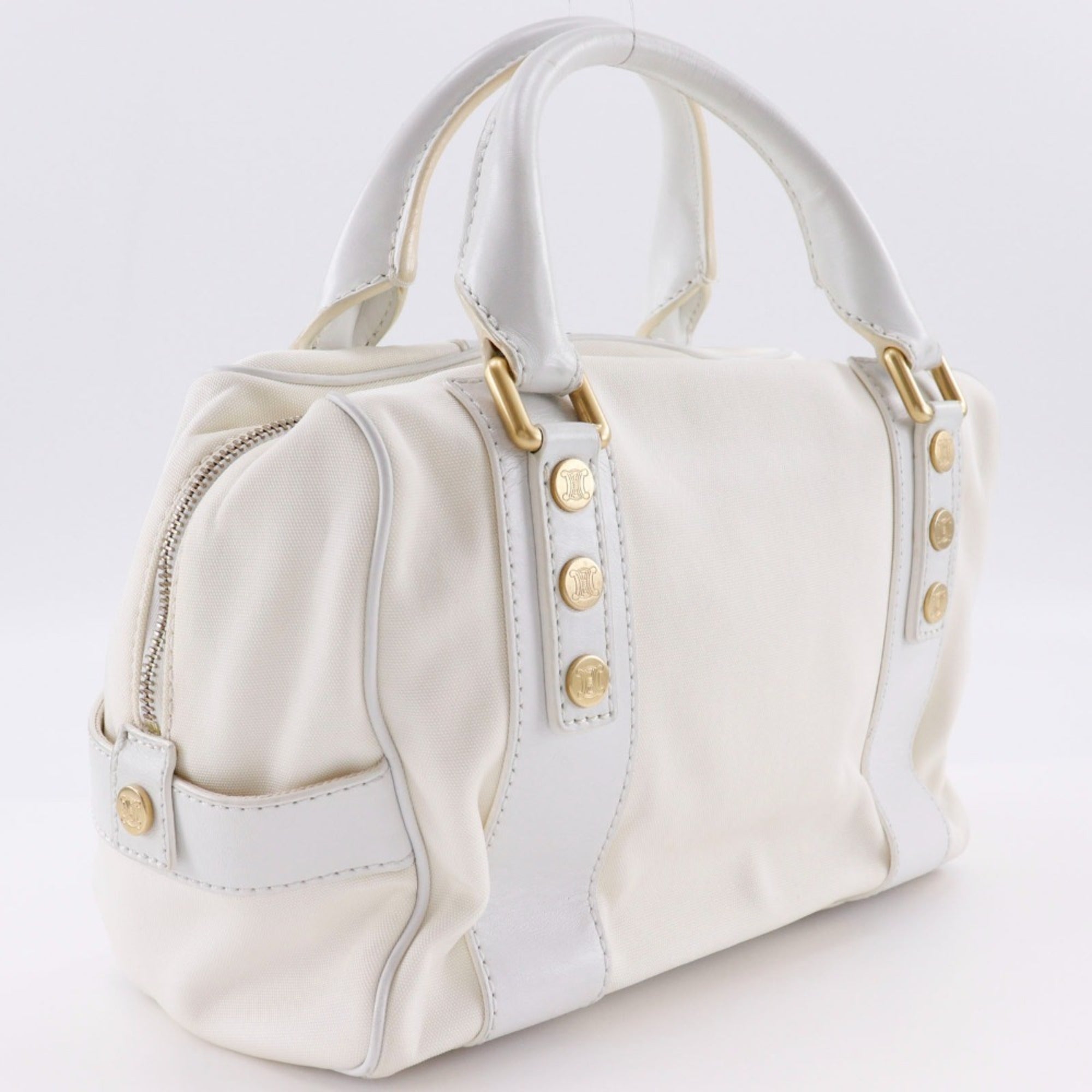 Celine White Nylon Canvas Leather Boston Bag Handbag
