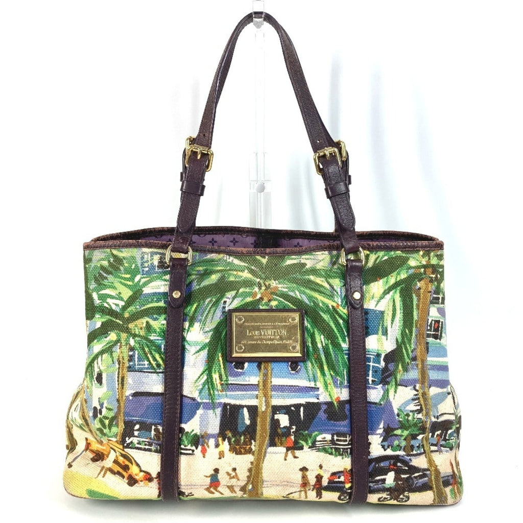 Louis Vuitton Green Leather Canvas Shoulder Bag Tote Bag