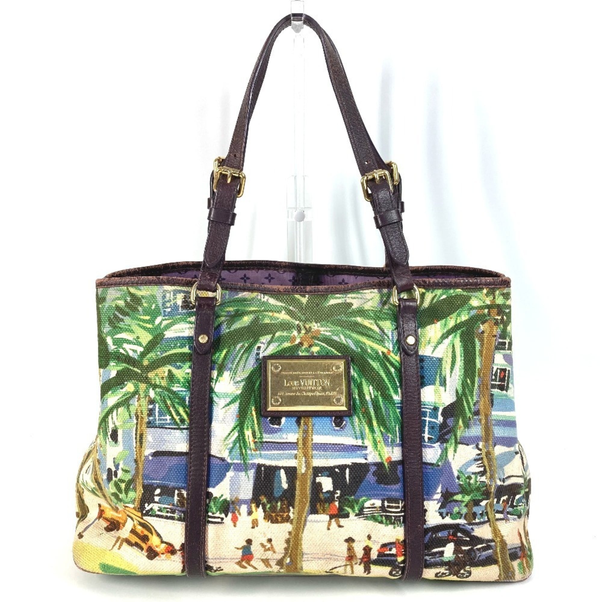 Louis Vuitton Green Leather Canvas Shoulder Bag Tote Bag