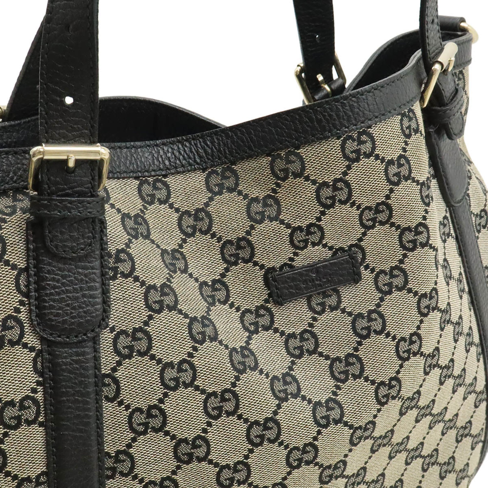 Gucci Beige Black Gg Canvas Leather Shoulder Bag Tote Bag (Pre-Owned)