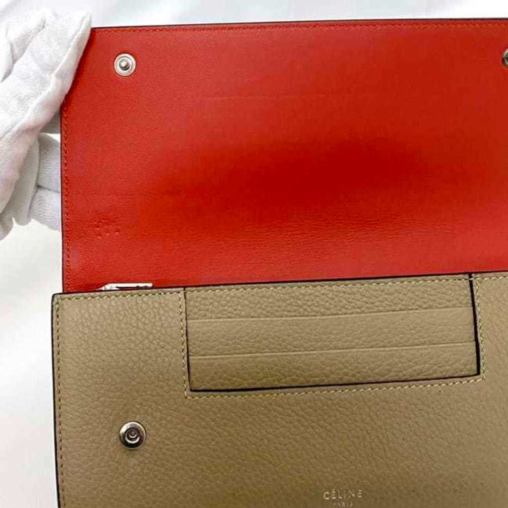 Celine Beige Red Color Leather Long Wallet (Bi-Fold)
