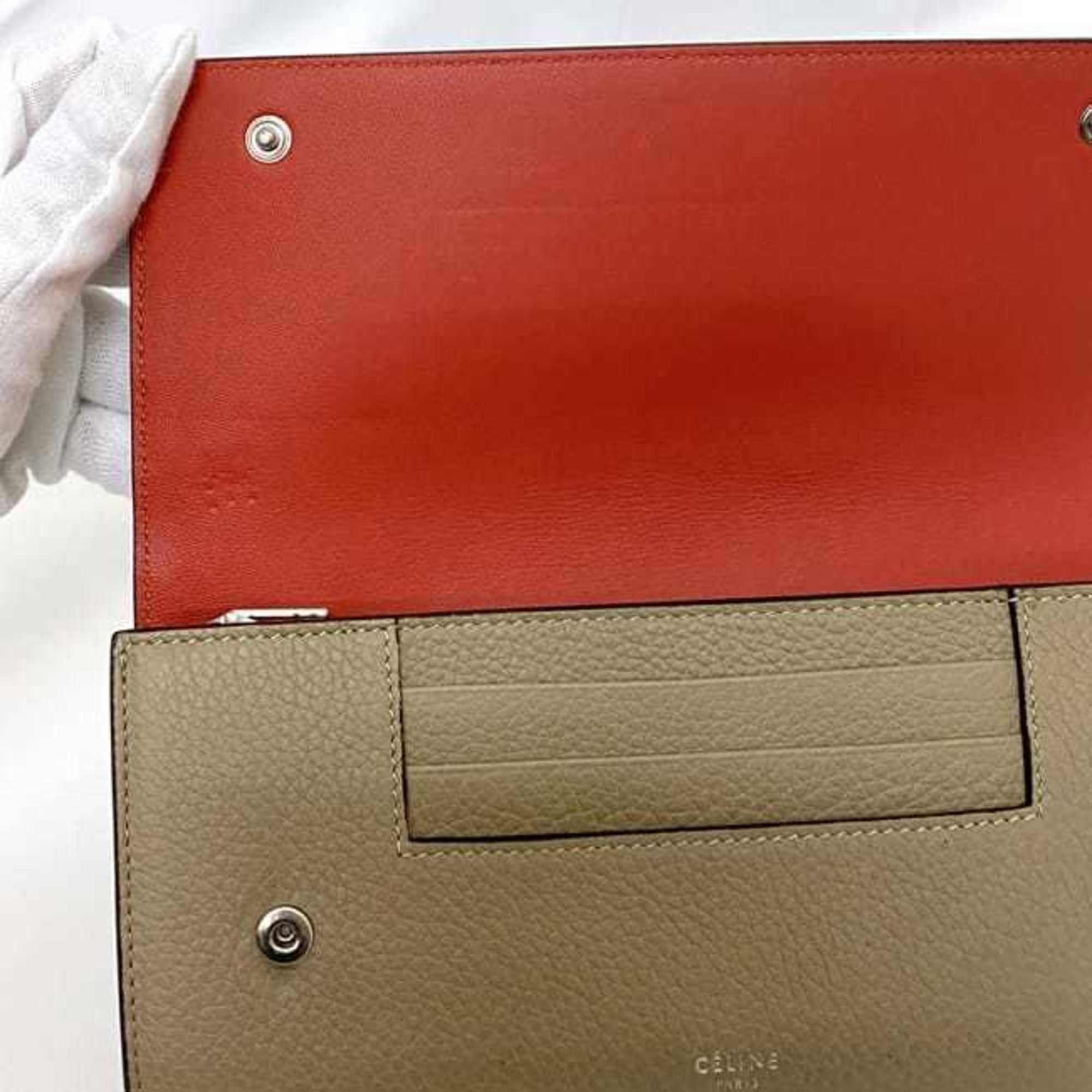 Celine Beige Red Color Leather Long Wallet (Bi-Fold)