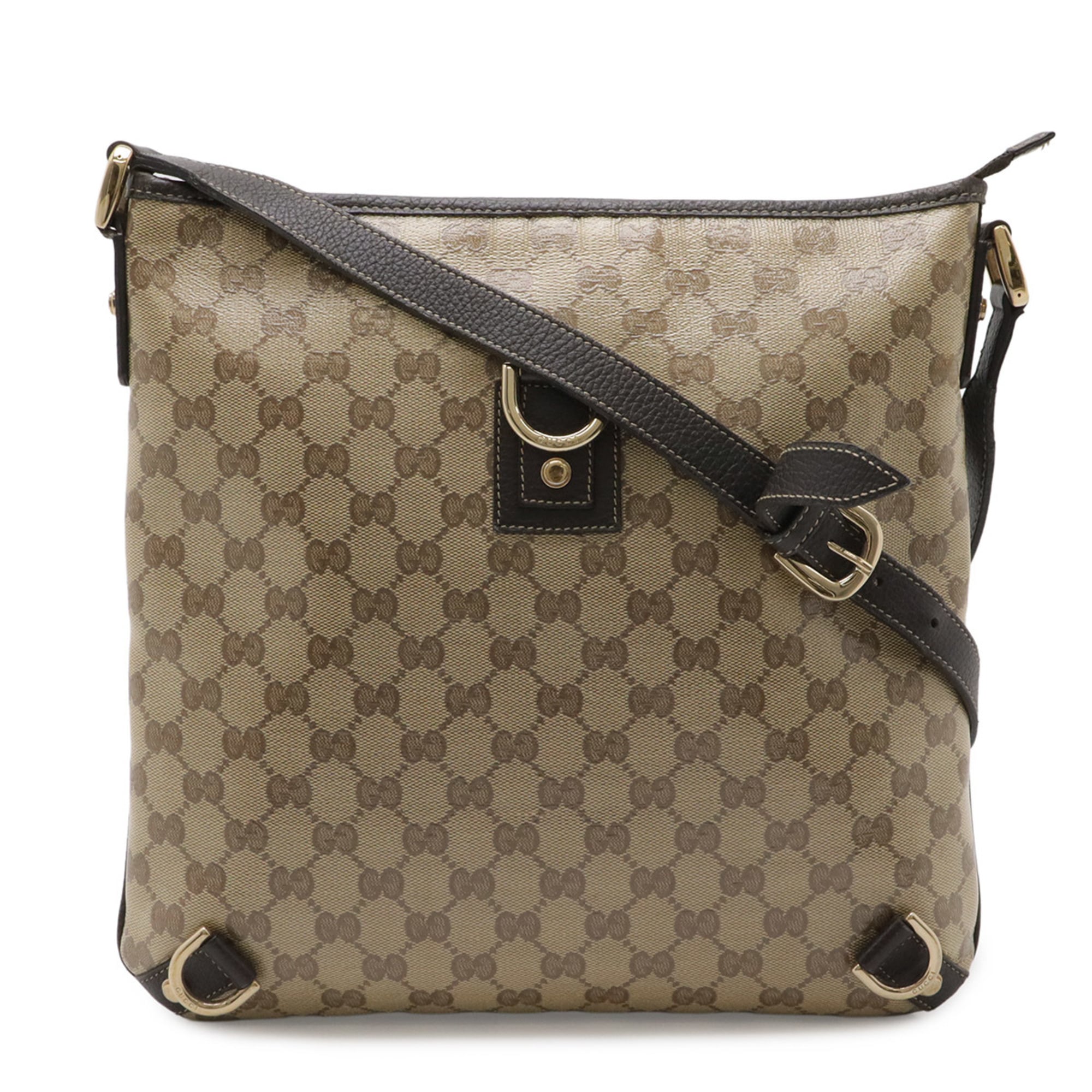 Gucci Beige Dark Brown Gg Crystal Coated Canvas Leather Shoulder Bag (Pre-Owned)