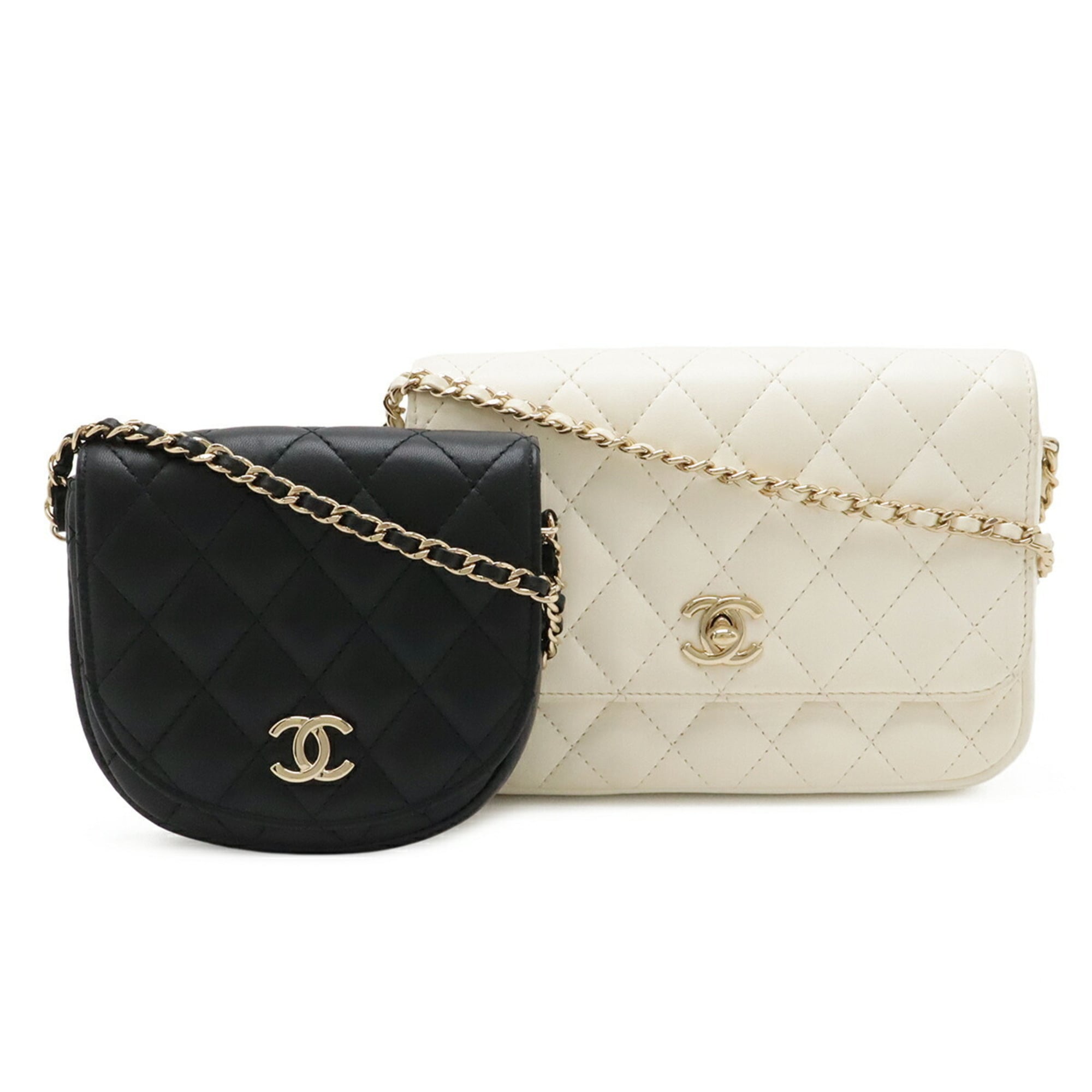 Chanel Matelasse Black Ivory Leather Pochette Shoulder Bag