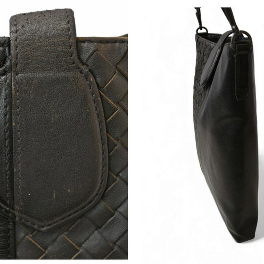 Bottega Veneta Black Gray Leather Messenger Bag Shoulder Bag