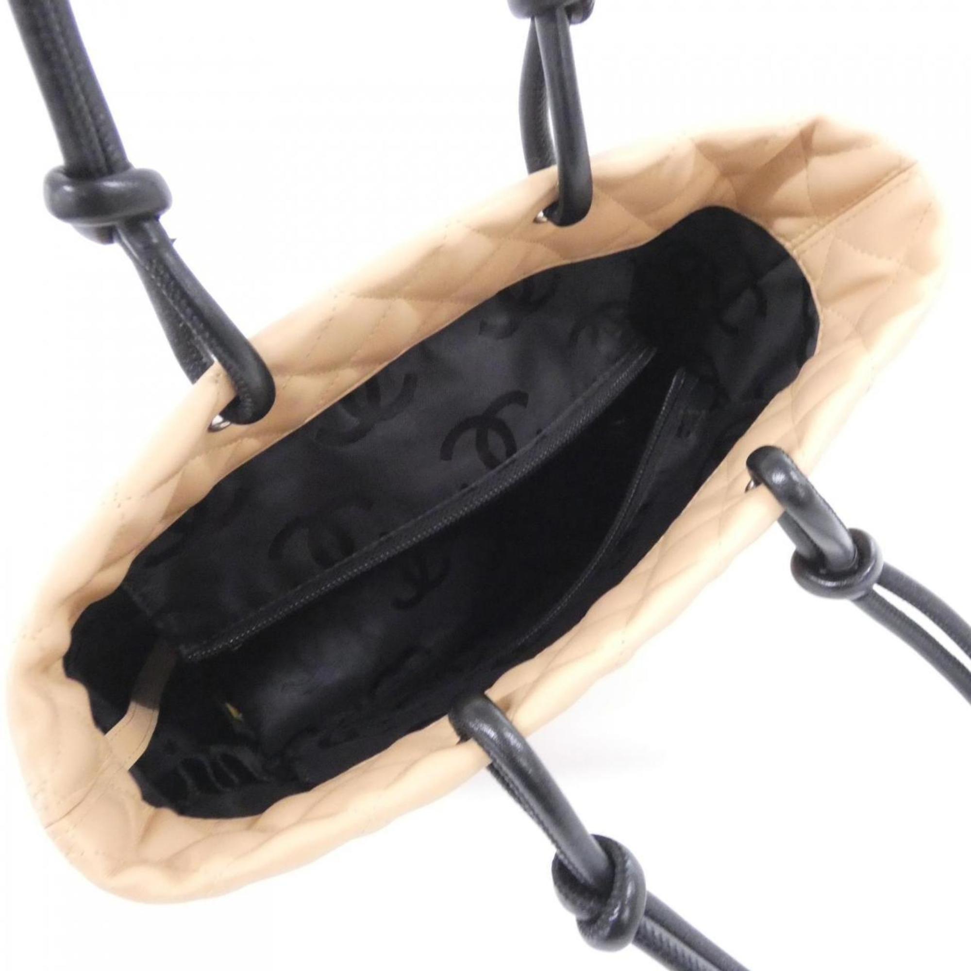 Chanel Beige Black Leather Handbag
