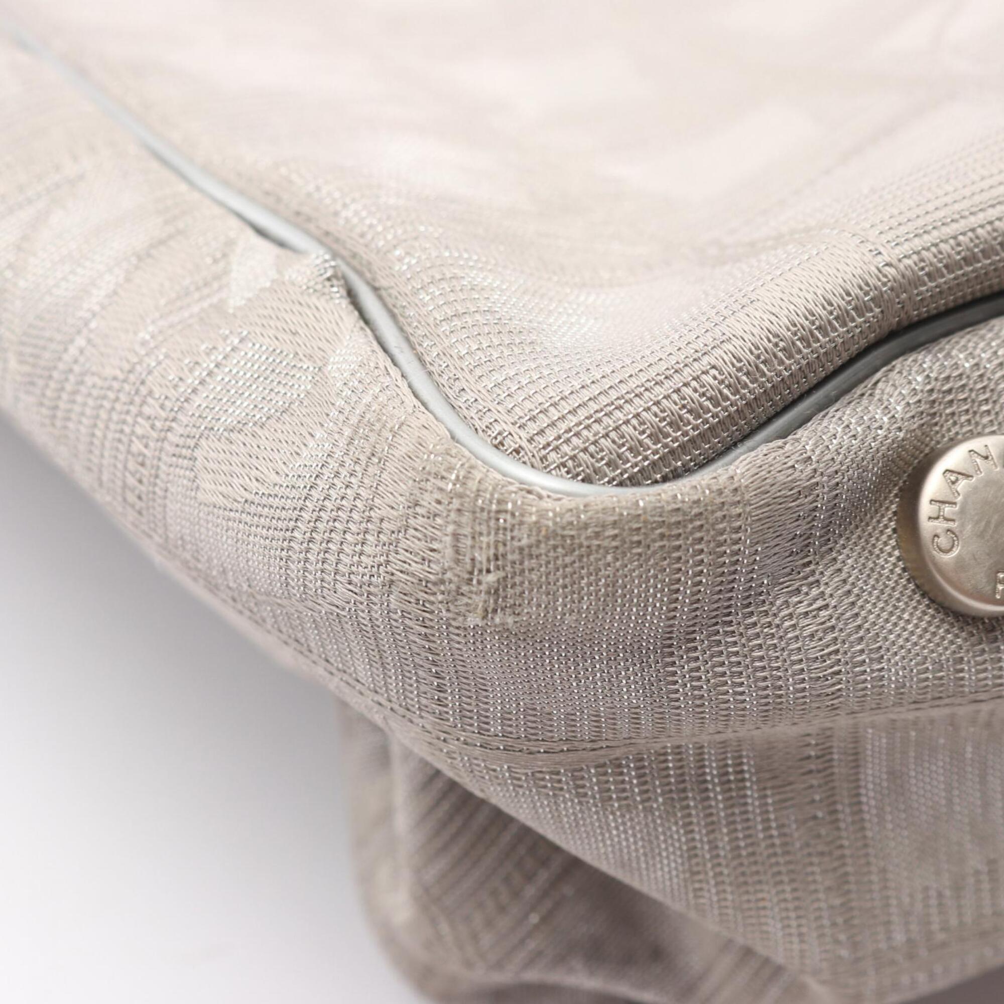 Chanel Gray Silver Leather Nylon Canvas Handbag Tote Bag