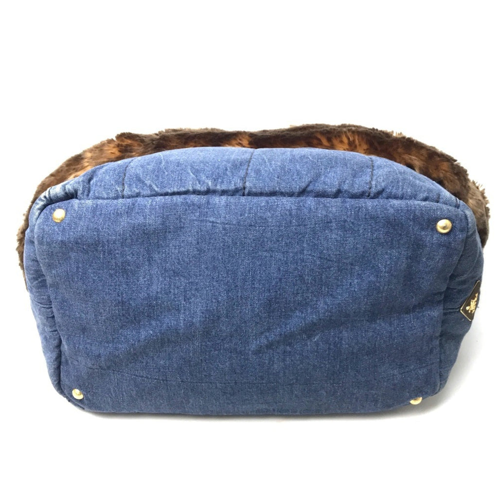 Prada Canapa Blue Brown Canapa Suede Faux Fur Handbag Tote Bag