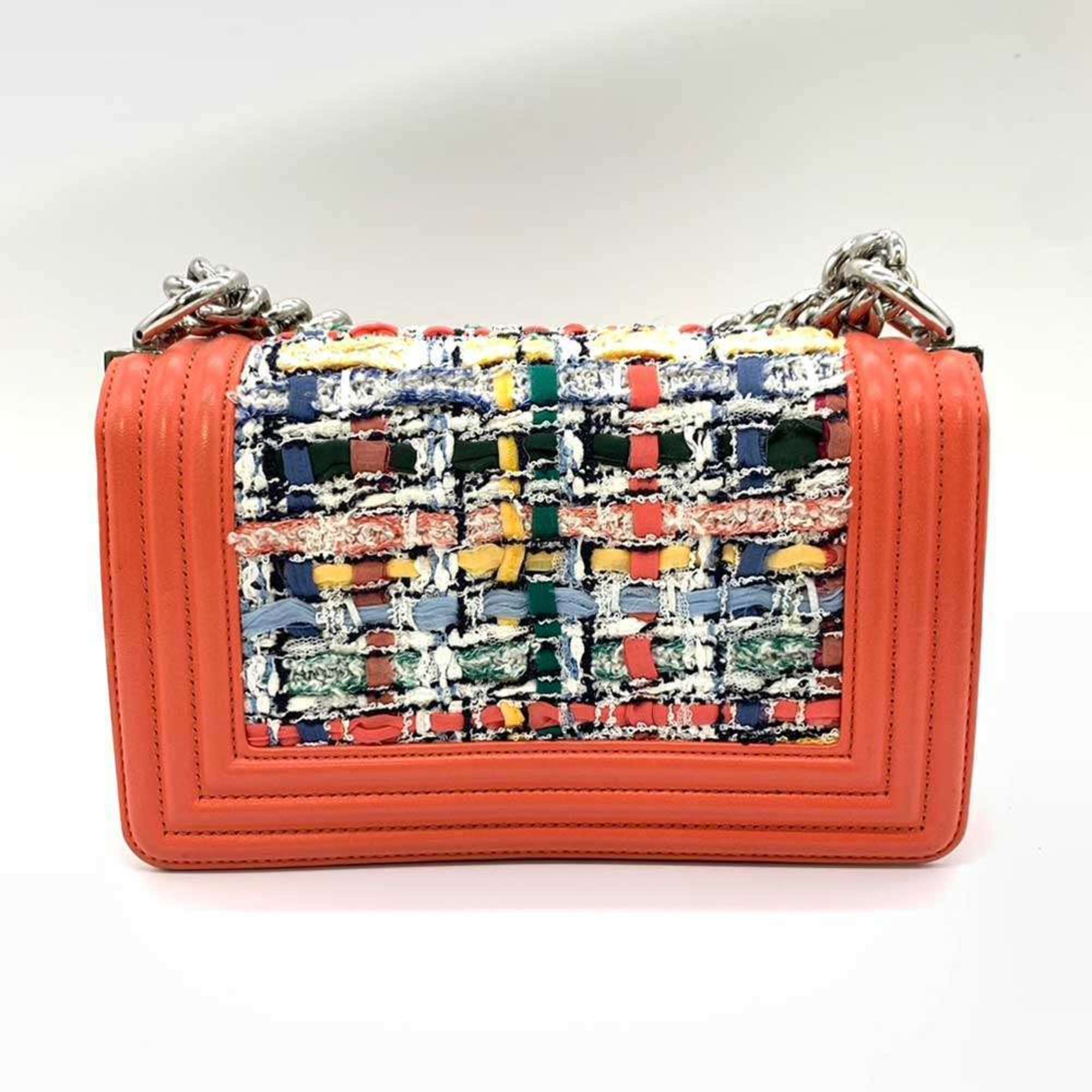 Chanel Boy Chanel Coral Orange Multi-Color Tweed Leather Shoulder Bag