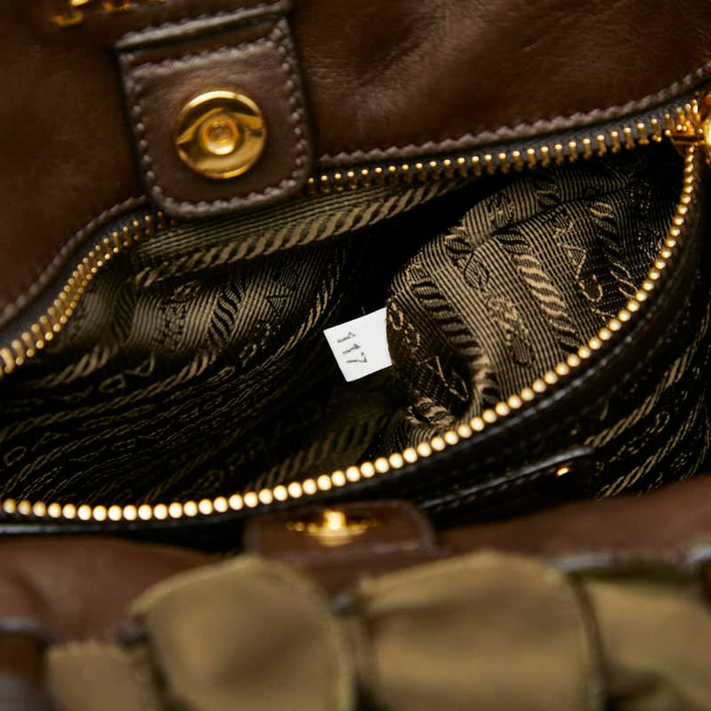 Prada Brown Khaki Nylon Leather Handbag Tote Bag