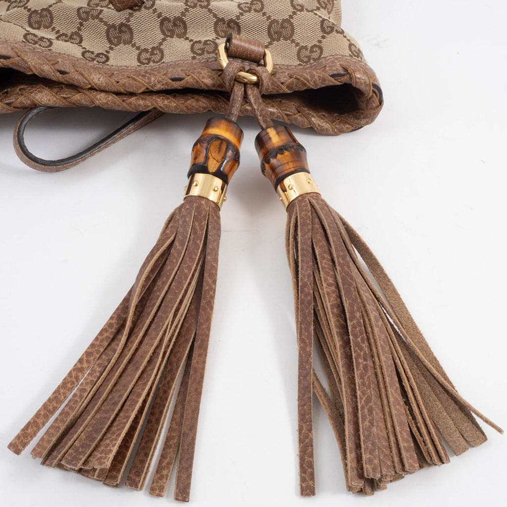 Gucci Gg Canvas Beige Brown Gg Canvas Leather Tote Bag (Pre-Owned)