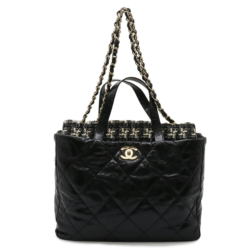 Chanel Black Ivory Leather Tweed Shoulder Bag Tote Bag