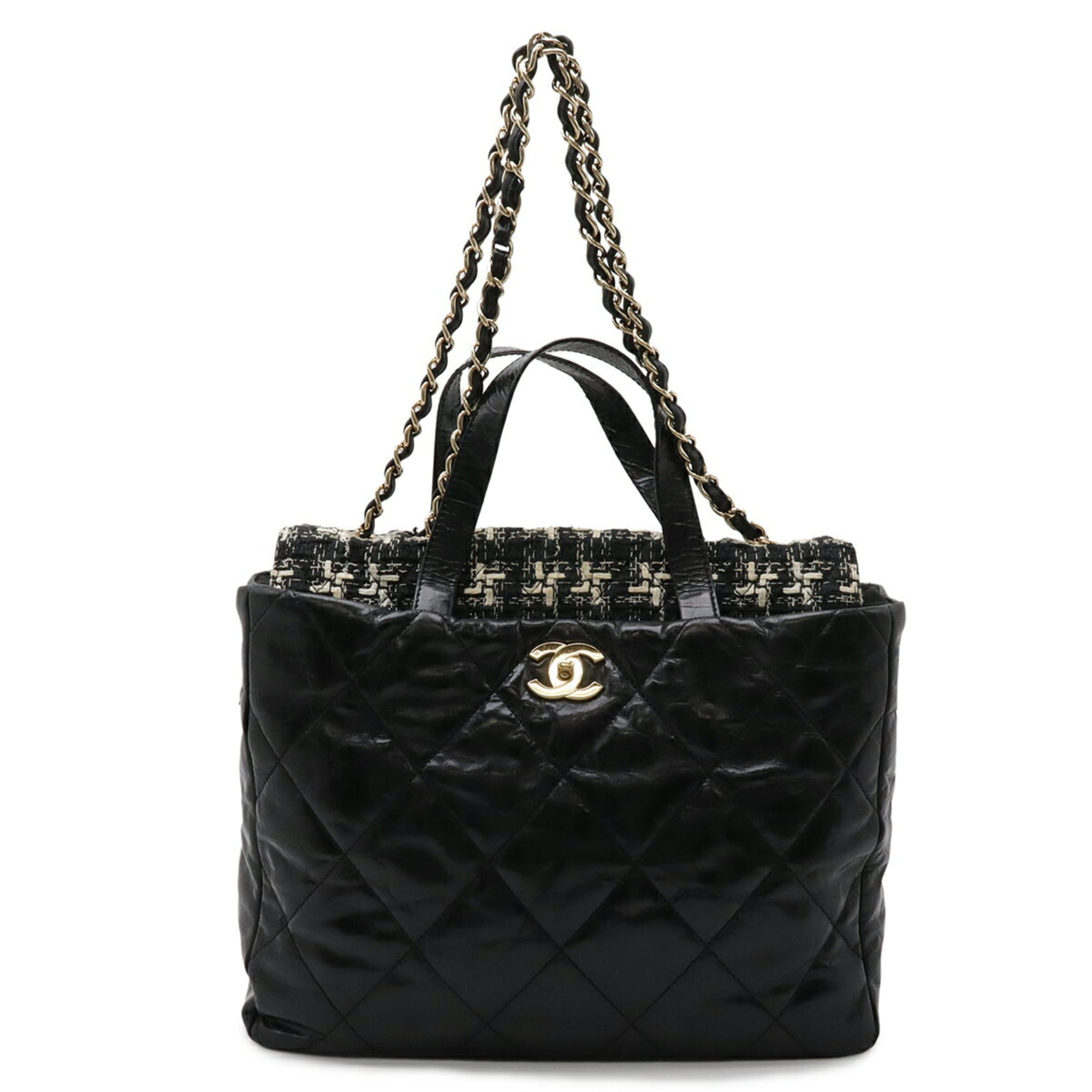 Chanel Black Ivory Leather Tweed Shoulder Bag Tote Bag