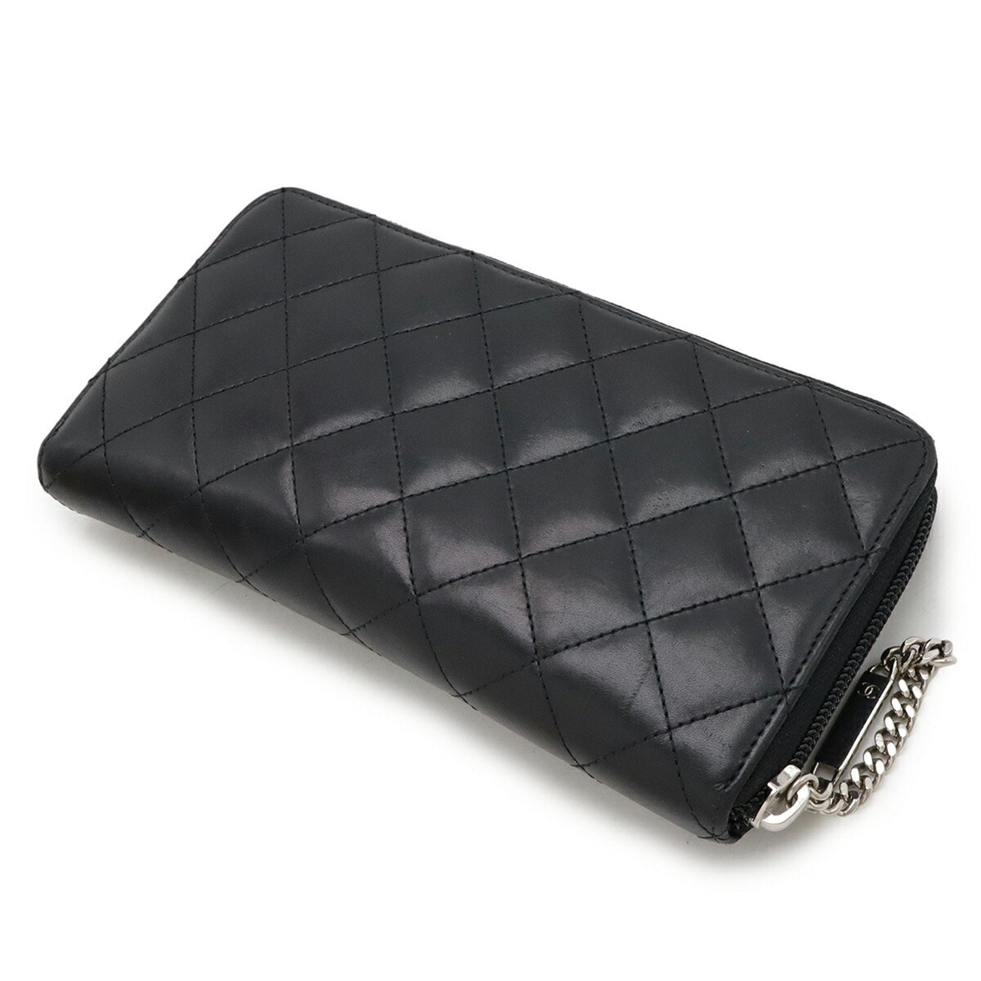 Chanel Cambon Black Pink Leather Long Wallet (Bi-Fold)