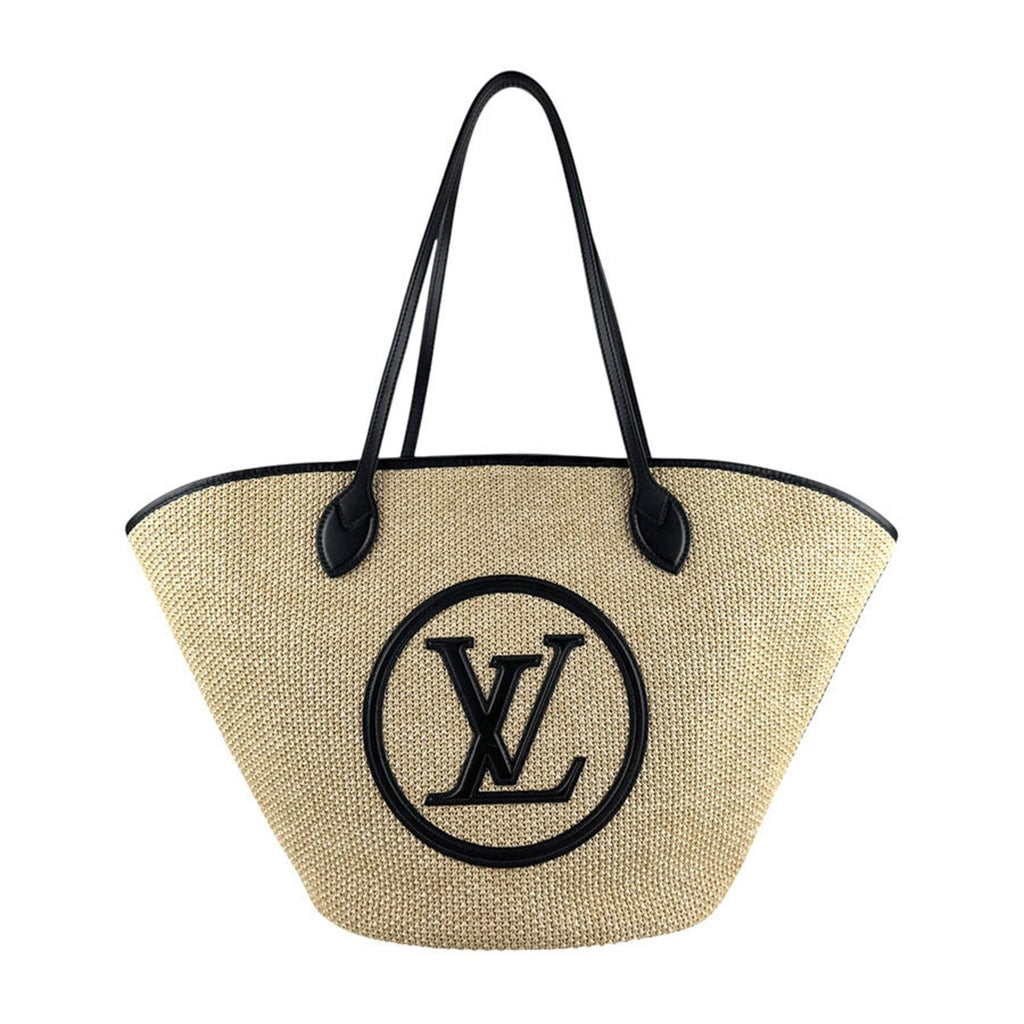 Louis Vuitton Beige Black Raffia Leather Shoulder Bag Tote Bag