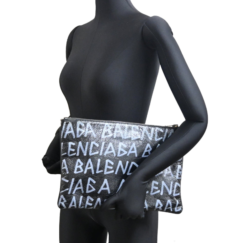 Balenciaga Black White Leather Clutch